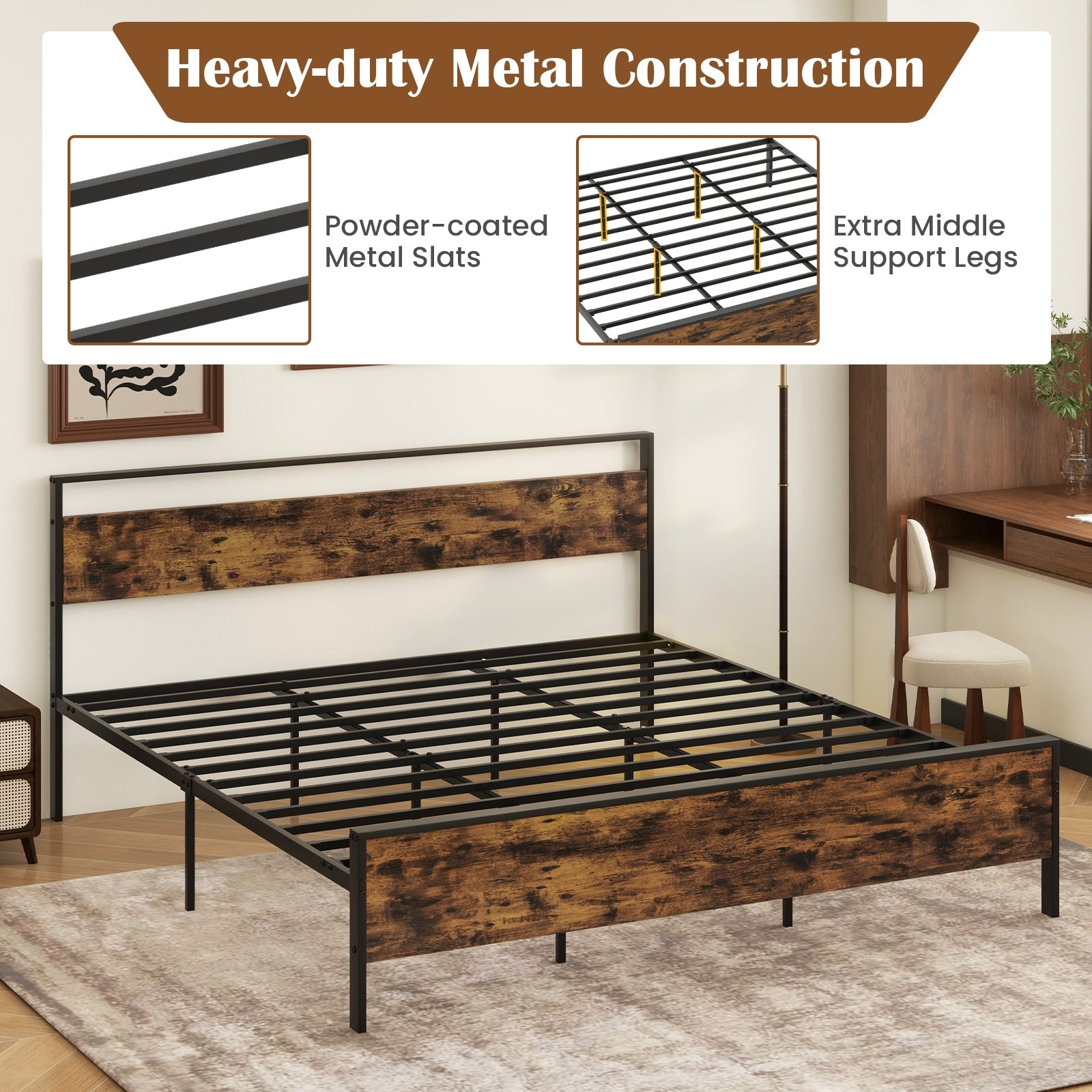 King Metal Bed Frame Industrial Platform Bed with Wooden Headboard-King Size, Rustic Brown Simple Bed Frame at Gallery Canada
