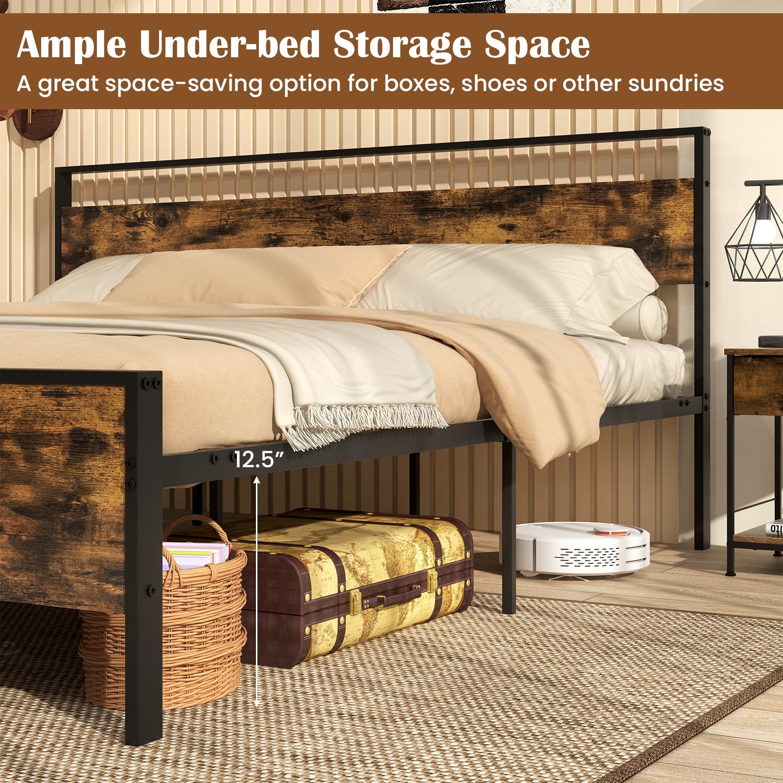 King Metal Bed Frame Industrial Platform Bed with Wooden Headboard-King Size, Rustic Brown Simple Bed Frame at Gallery Canada