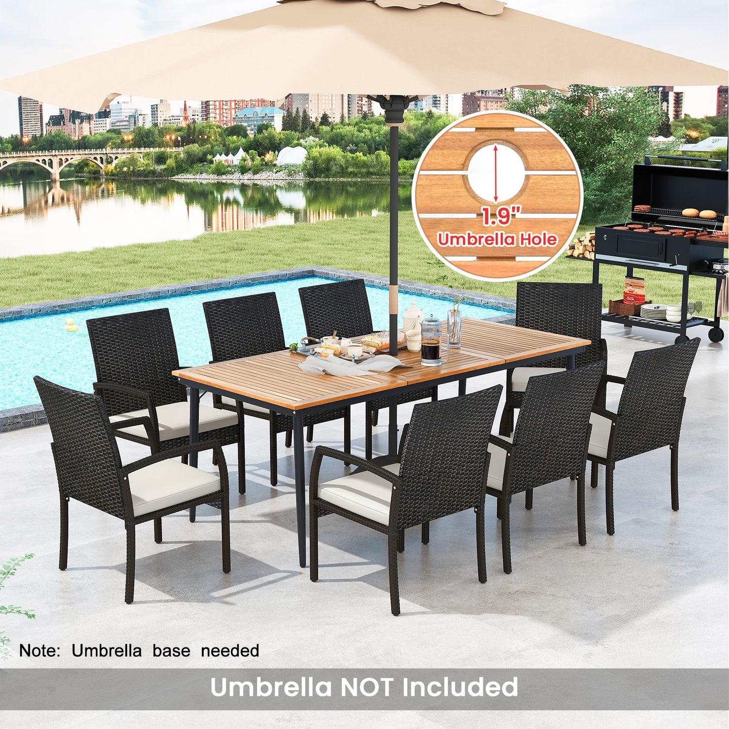 9-Piece Patio Dining Set with Umbrella Hole and 8 Rattan-woven Dining Chairs with Seat Cushions, Natural Patio Dining Sets   at Gallery Canada