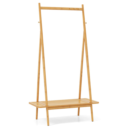 Bamboo Clothes Rack with Hanging Rod Rattan Shelf and Copper Hooks, Natural
