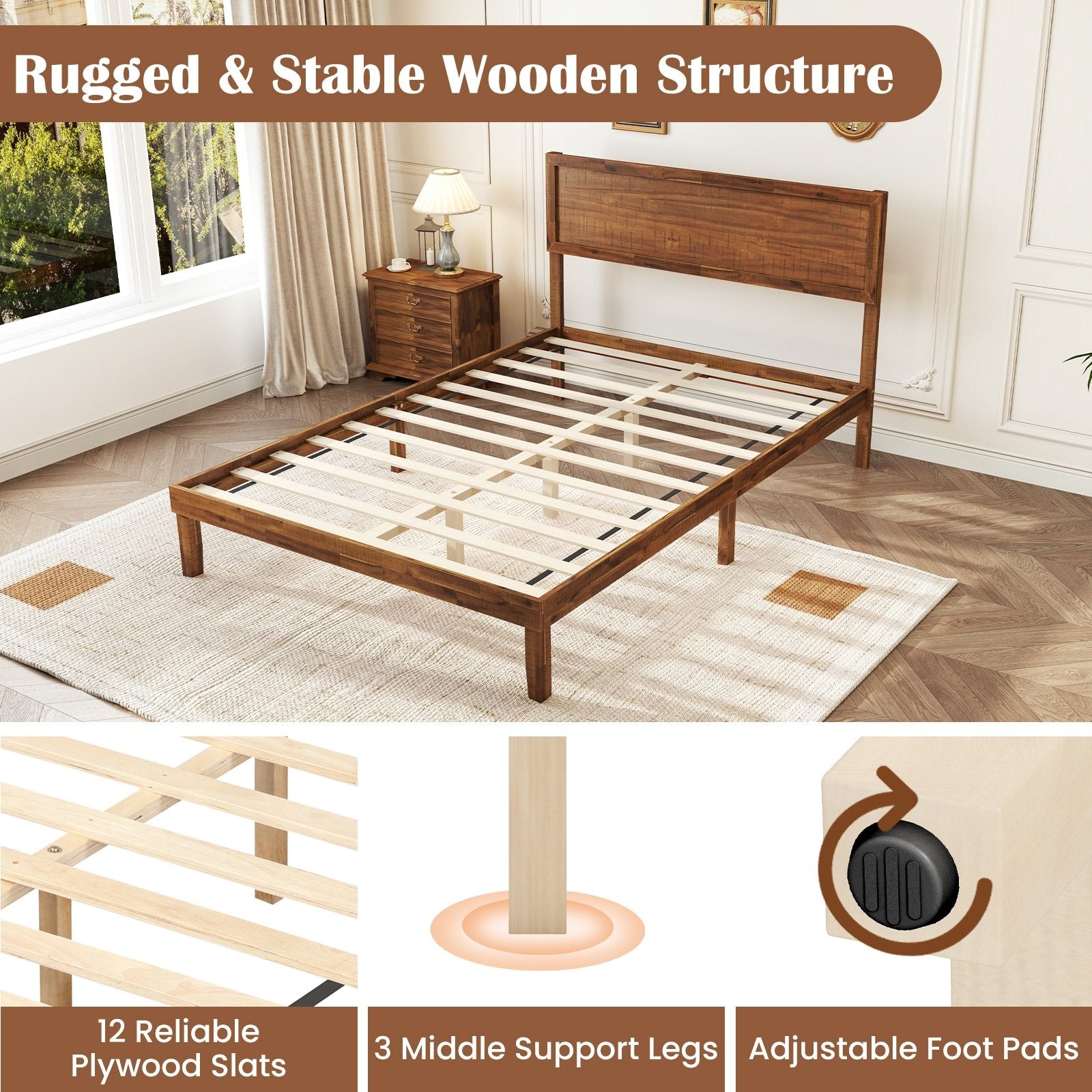 Twin/Full/Queen Size Bed Frame with Headboard and Wooden Slats Support-Full Size, Walnut Simple Bed Frame at Gallery Canada