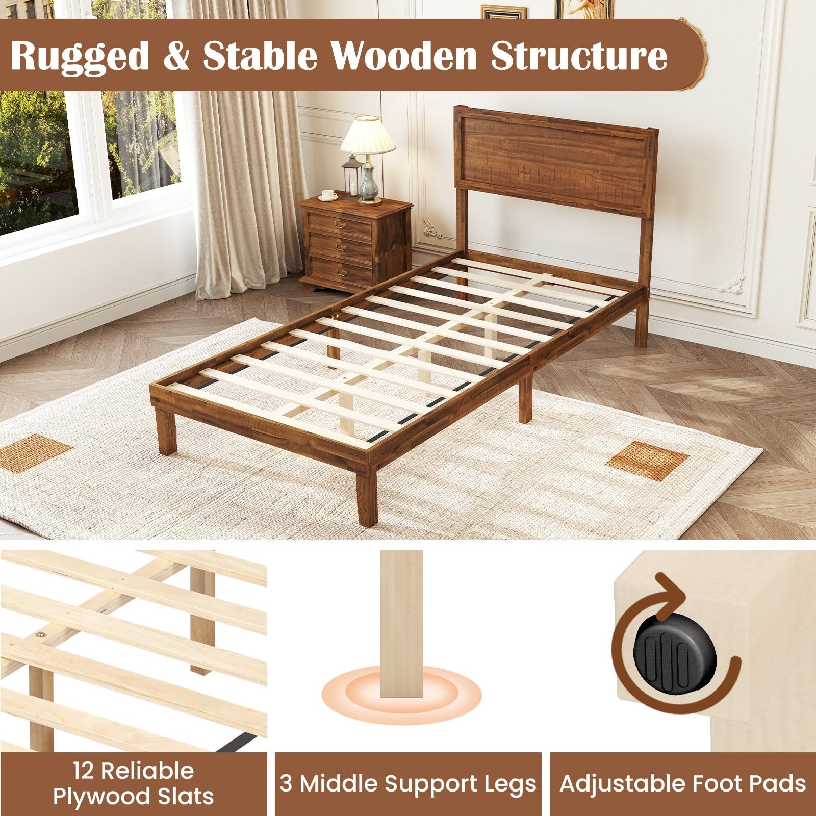 Twin/Full/Queen Size Bed Frame with Headboard and Wooden Slats Support-Twin Size, Walnut Simple Bed Frame at Gallery Canada