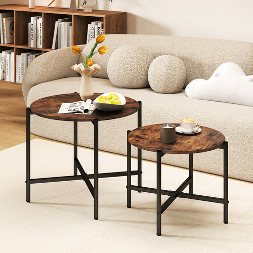 Round Coffee Table Set of 2 with Heavy-Duty Metal Frame, Rustic Brown