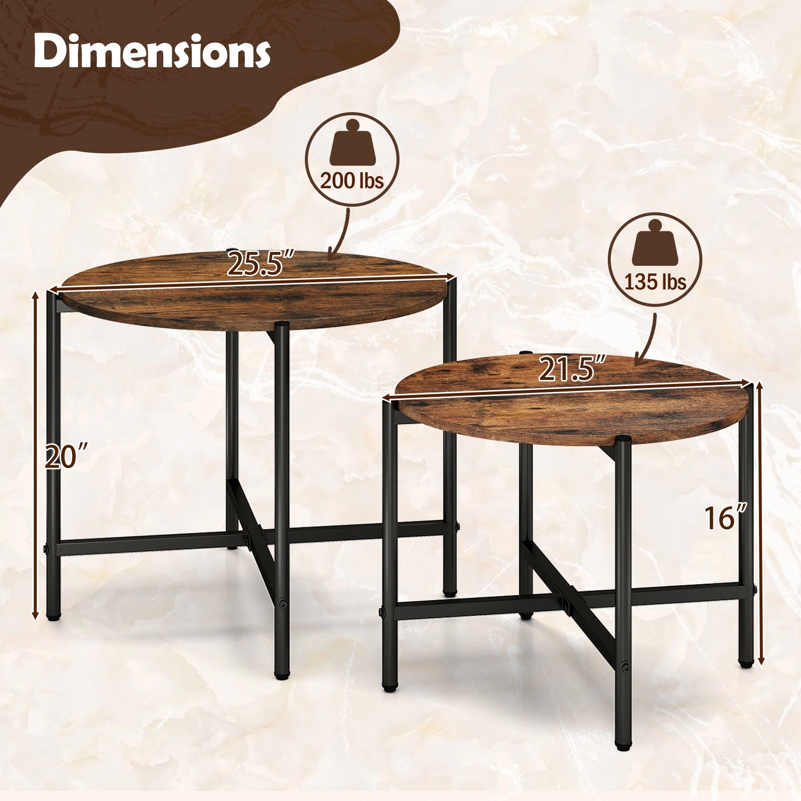 Round Coffee Table Set of 2 with Heavy-Duty Metal Frame, Rustic Brown End & Side Tables at Gallery Canada