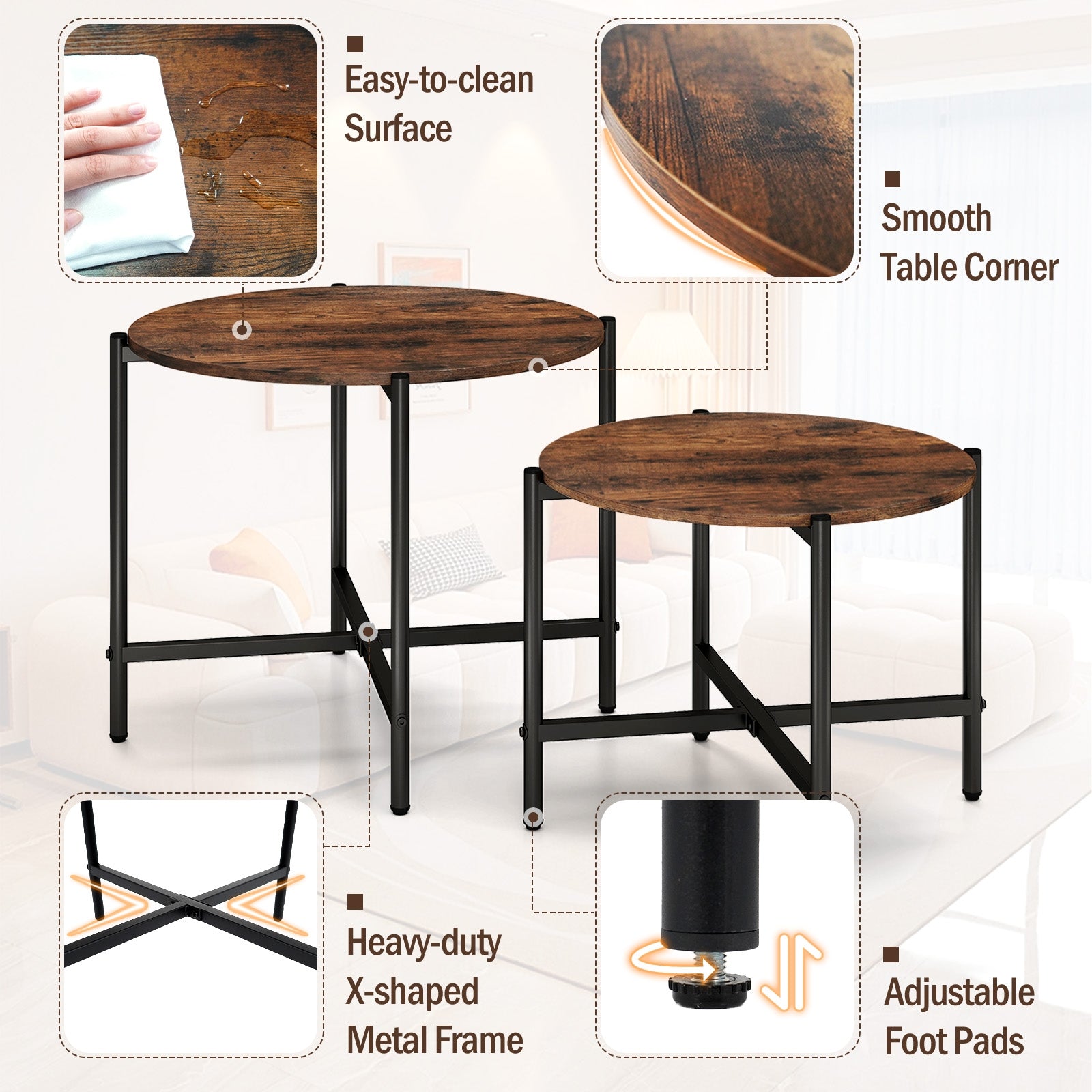 Round Coffee Table Set of 2 with Heavy-Duty Metal Frame, Rustic Brown End & Side Tables at Gallery Canada