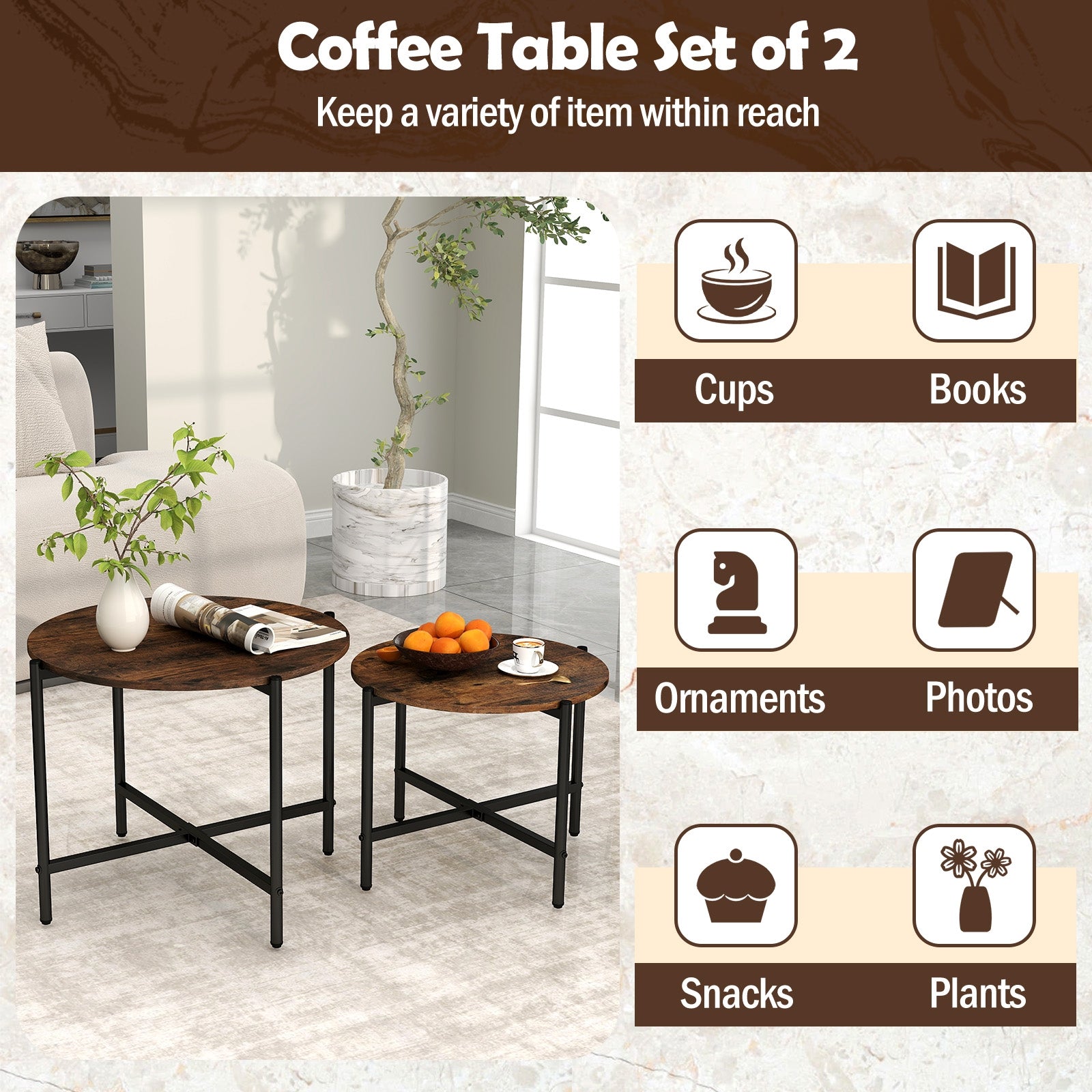 Round Coffee Table Set of 2 with Heavy-Duty Metal Frame, Rustic Brown End & Side Tables at Gallery Canada