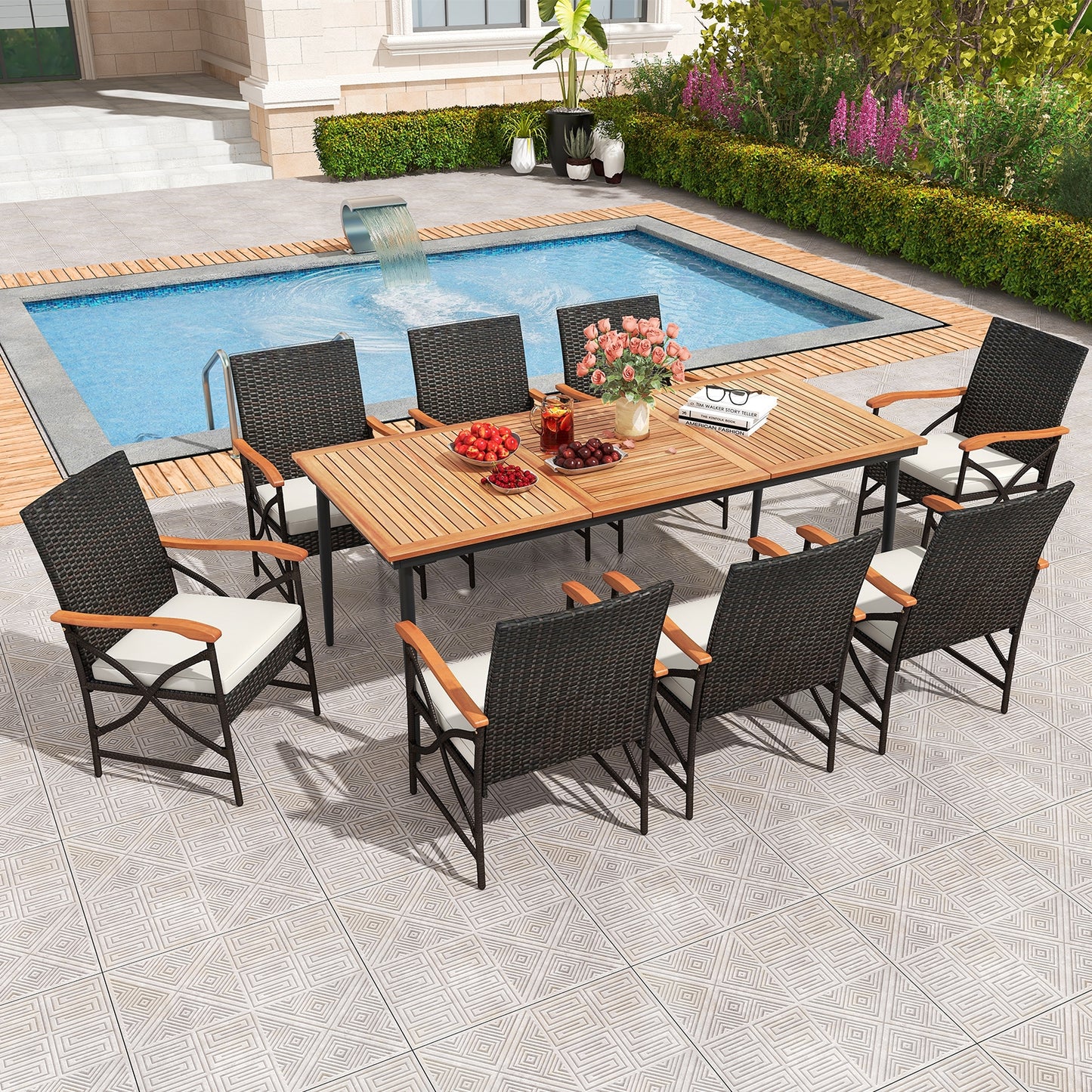 79 Inch Outdoor Acacia Wood Dining Table and 8 Rattan-woven Dining Chairs with Umbrella Hole, Natural Patio Dining Sets   at Gallery Canada