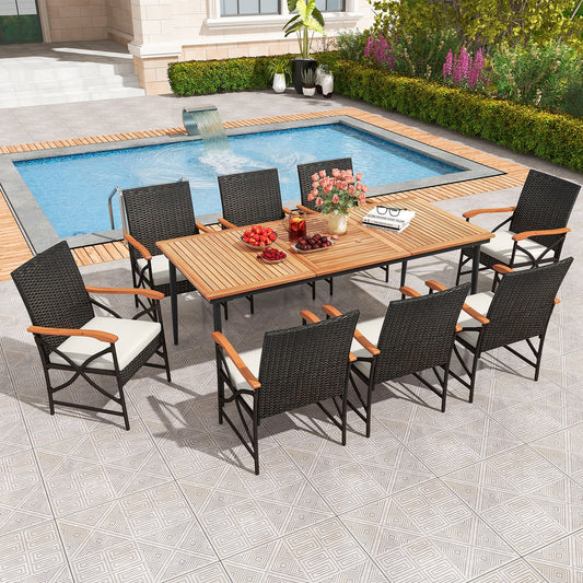 79 Inch Outdoor Acacia Wood Dining Table and 8 Rattan-woven Dining Chairs with Umbrella Hole, Natural Patio Dining Sets Natural  at Gallery Canada