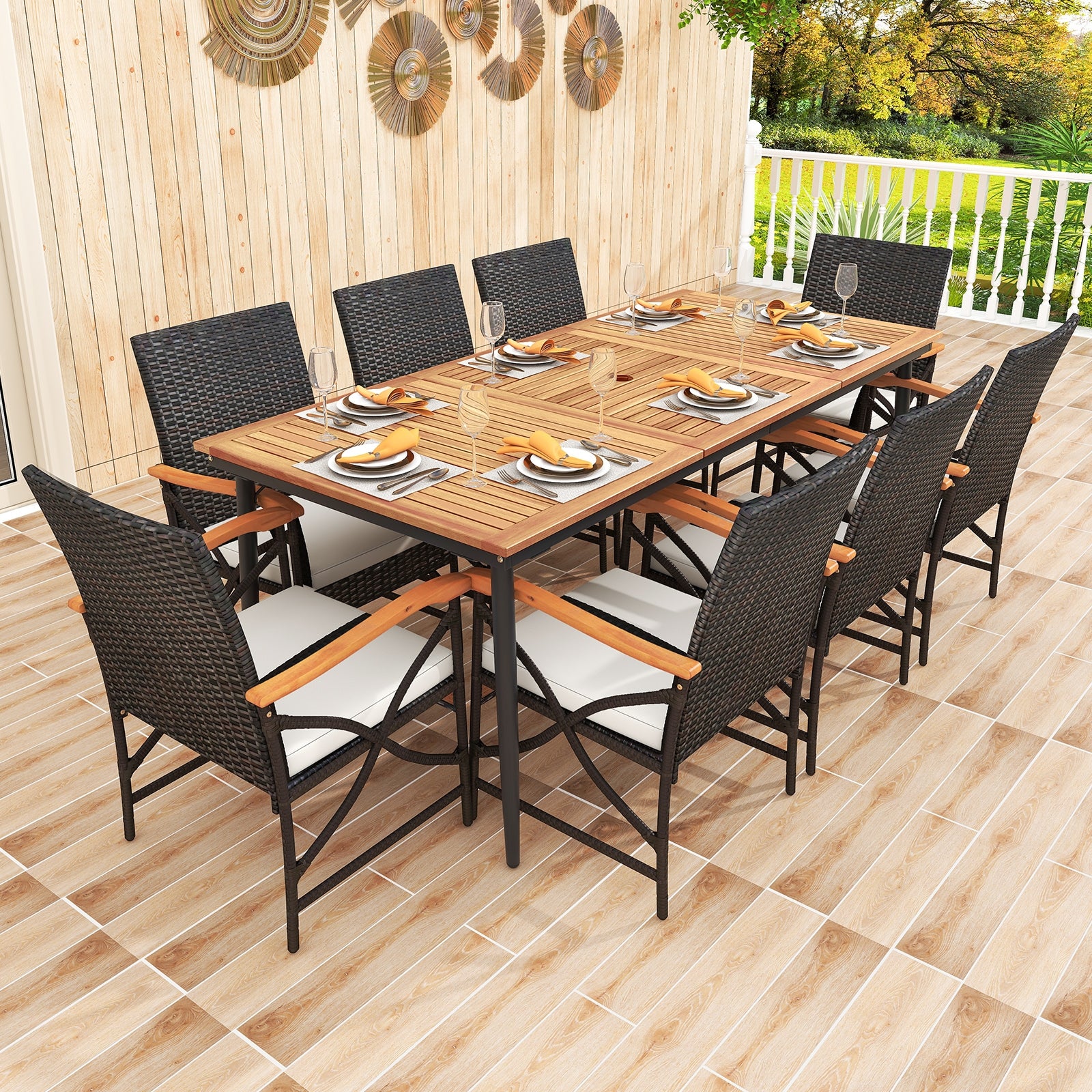 79 Inch Outdoor Acacia Wood Dining Table and 8 Rattan-woven Dining Chairs with Umbrella Hole, Natural Patio Dining Sets   at Gallery Canada