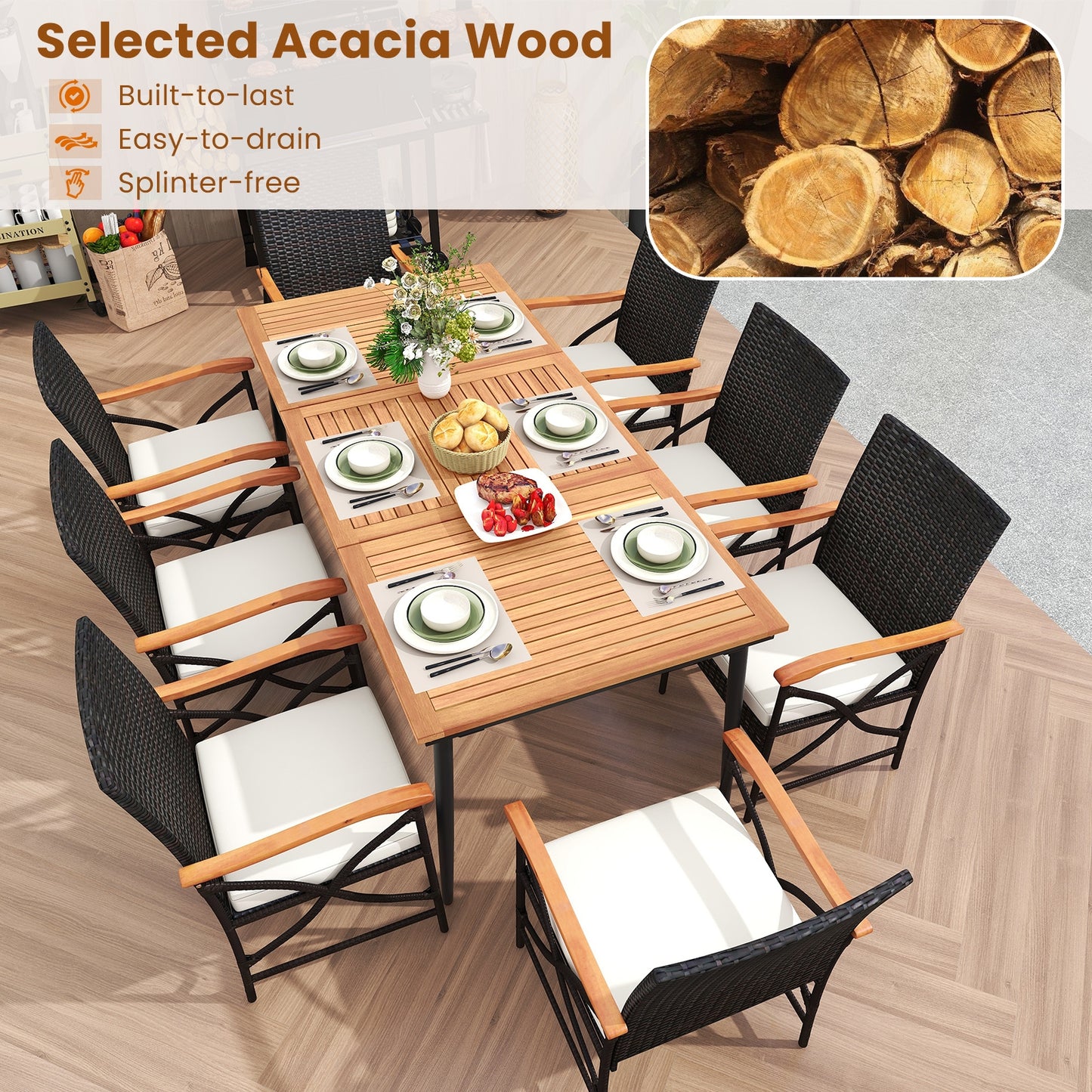 79 Inch Outdoor Acacia Wood Dining Table and 8 Rattan-woven Dining Chairs with Umbrella Hole, Natural Patio Dining Sets   at Gallery Canada