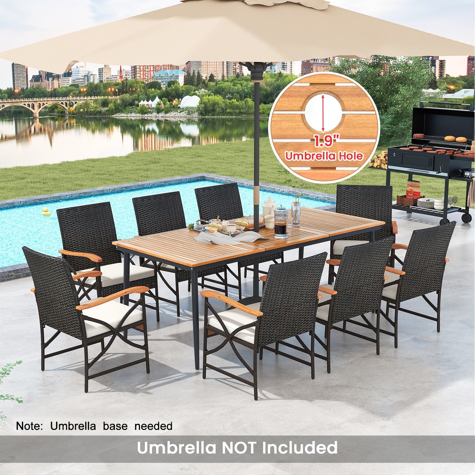 79 Inch Outdoor Acacia Wood Dining Table and 8 Rattan-woven Dining Chairs with Umbrella Hole, Natural Patio Dining Sets   at Gallery Canada