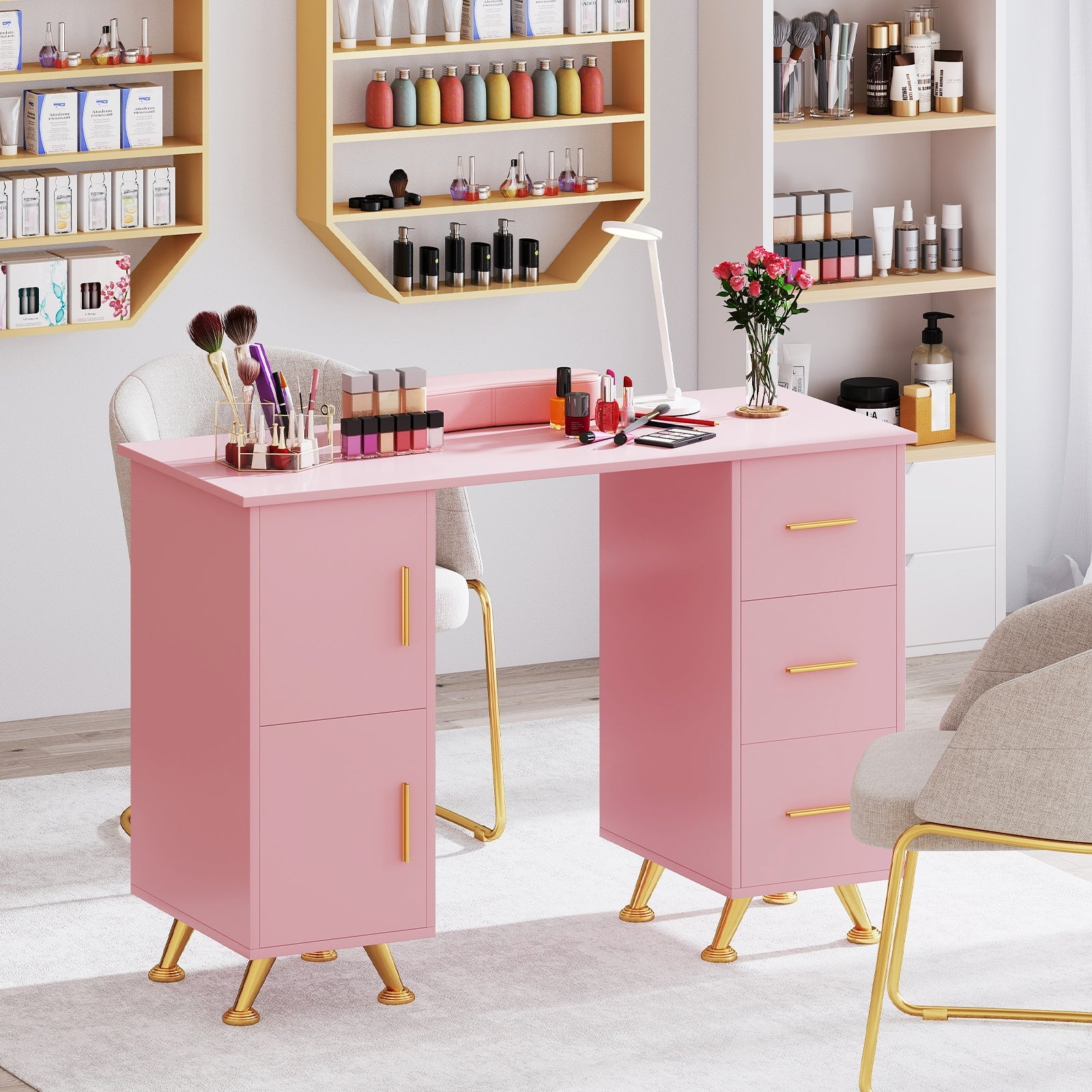 Wooden Manicure Table Nail Desk with Drawers Wrist Rest, Pink Office Desks at Gallery Canada
