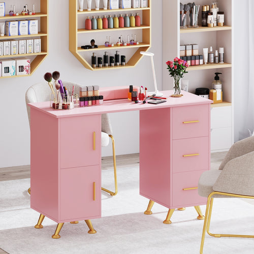 Wooden Manicure Table Nail Desk with Drawers Wrist Rest, Pink