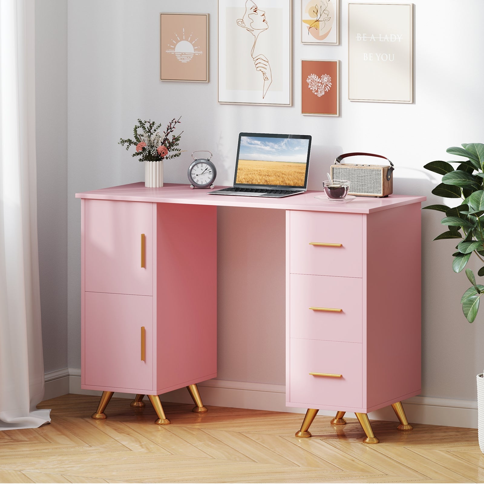 Wooden Manicure Table Nail Desk with Drawers Wrist Rest, Pink Office Desks at Gallery Canada