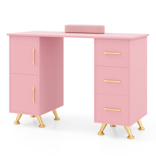 Wooden Manicure Table Nail Desk with Drawers Wrist Rest, Pink