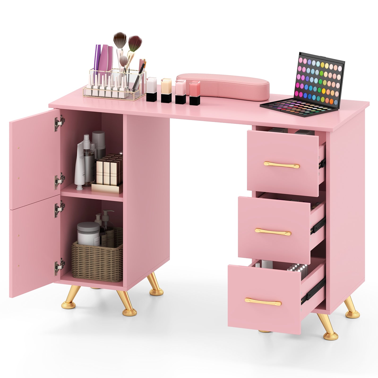 Wooden Manicure Table Nail Desk with Drawers Wrist Rest, Pink Office Desks at Gallery Canada