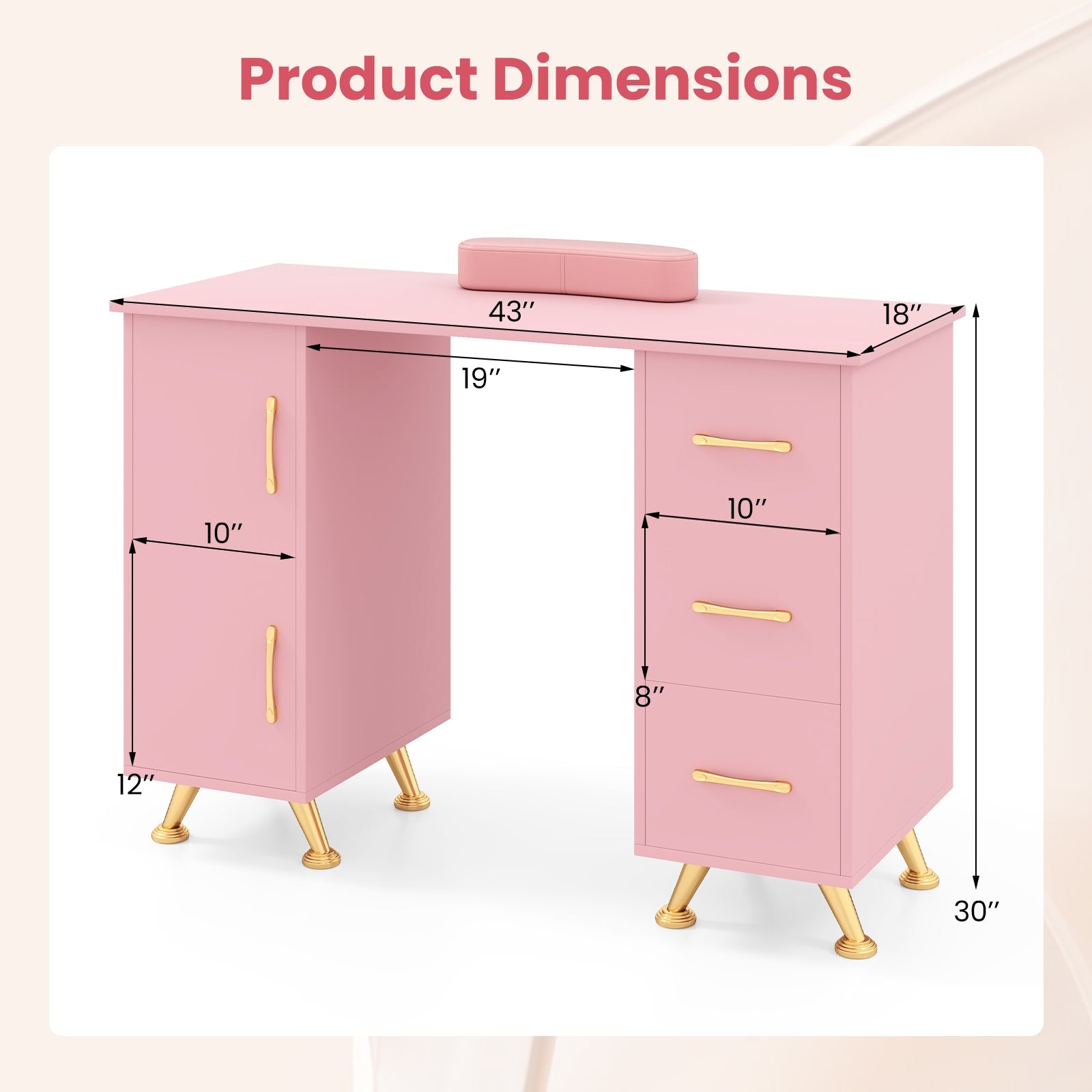 Wooden Manicure Table Nail Desk with Drawers Wrist Rest, Pink Office Desks at Gallery Canada