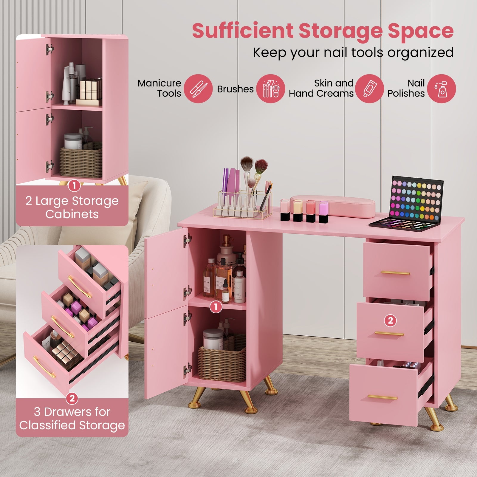 Wooden Manicure Table Nail Desk with Drawers Wrist Rest, Pink Office Desks at Gallery Canada