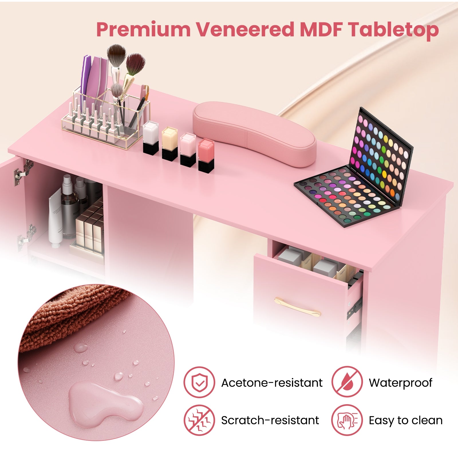 Wooden Manicure Table Nail Desk with Drawers Wrist Rest, Pink Office Desks at Gallery Canada