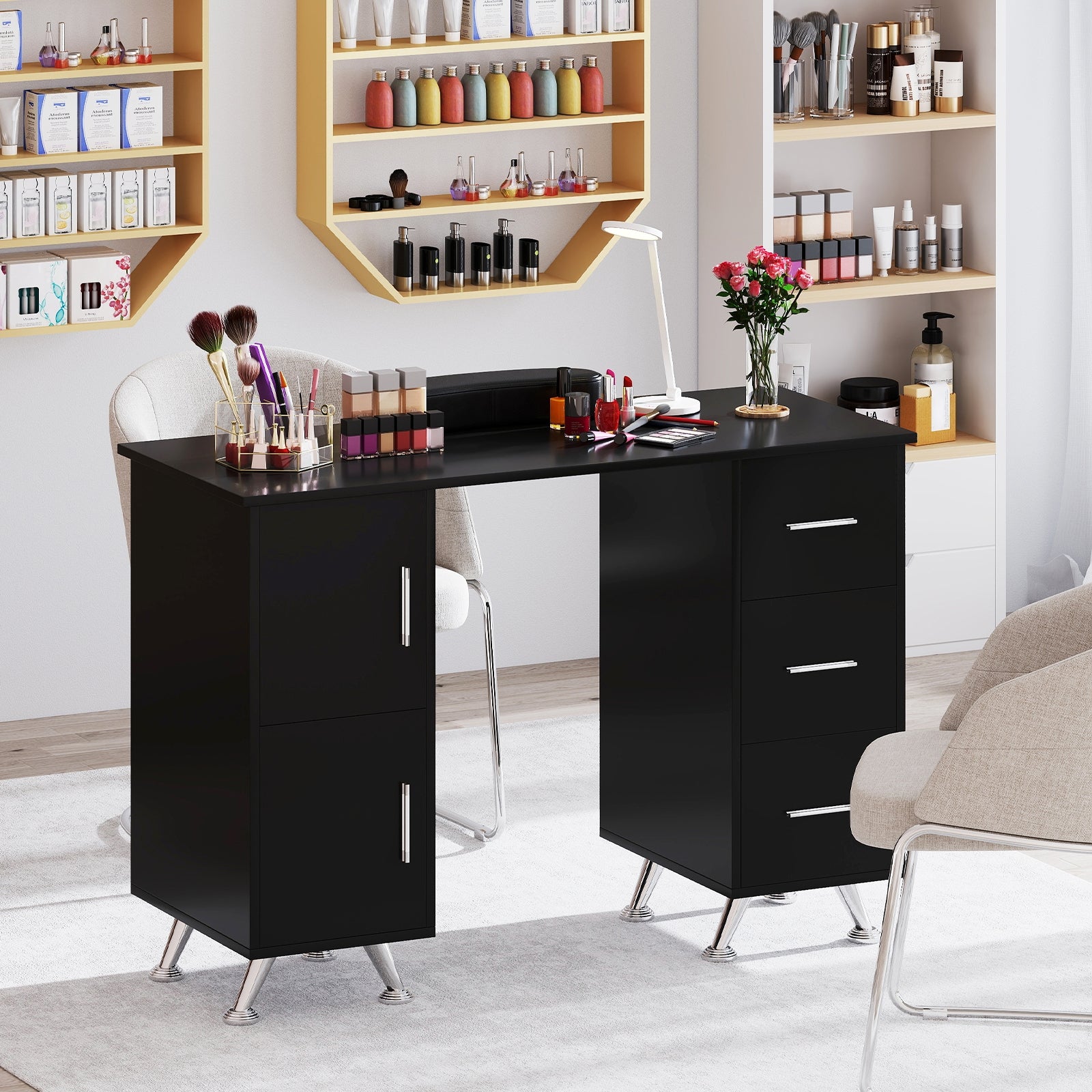 Wooden Manicure Table Nail Desk with Drawers Wrist Rest, Black Office Desks at Gallery Canada