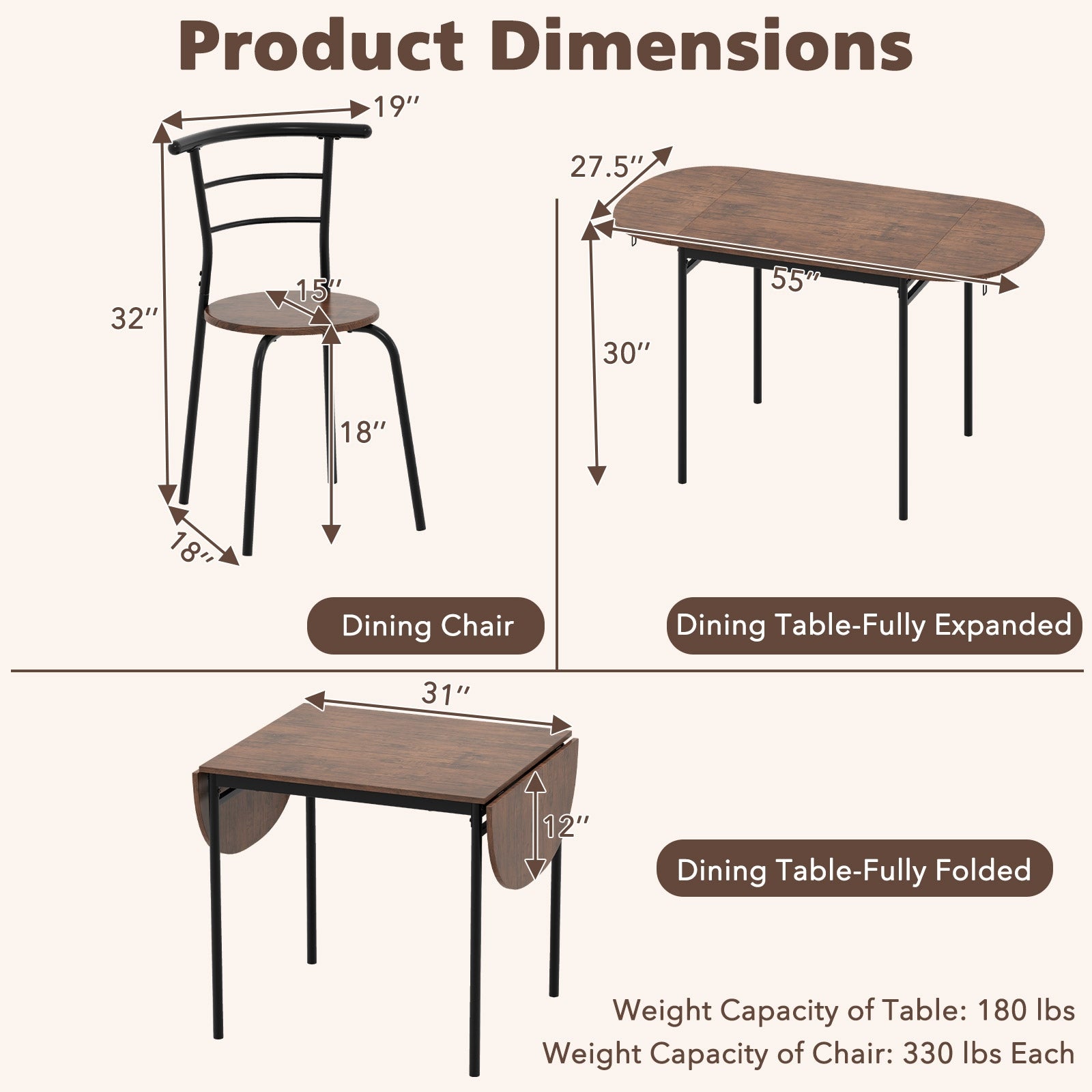 3 Pieces Dining Set with 2 Chairs and Modern Kitchen Table for Small Space, Brown Dining Room Sets at Gallery Canada