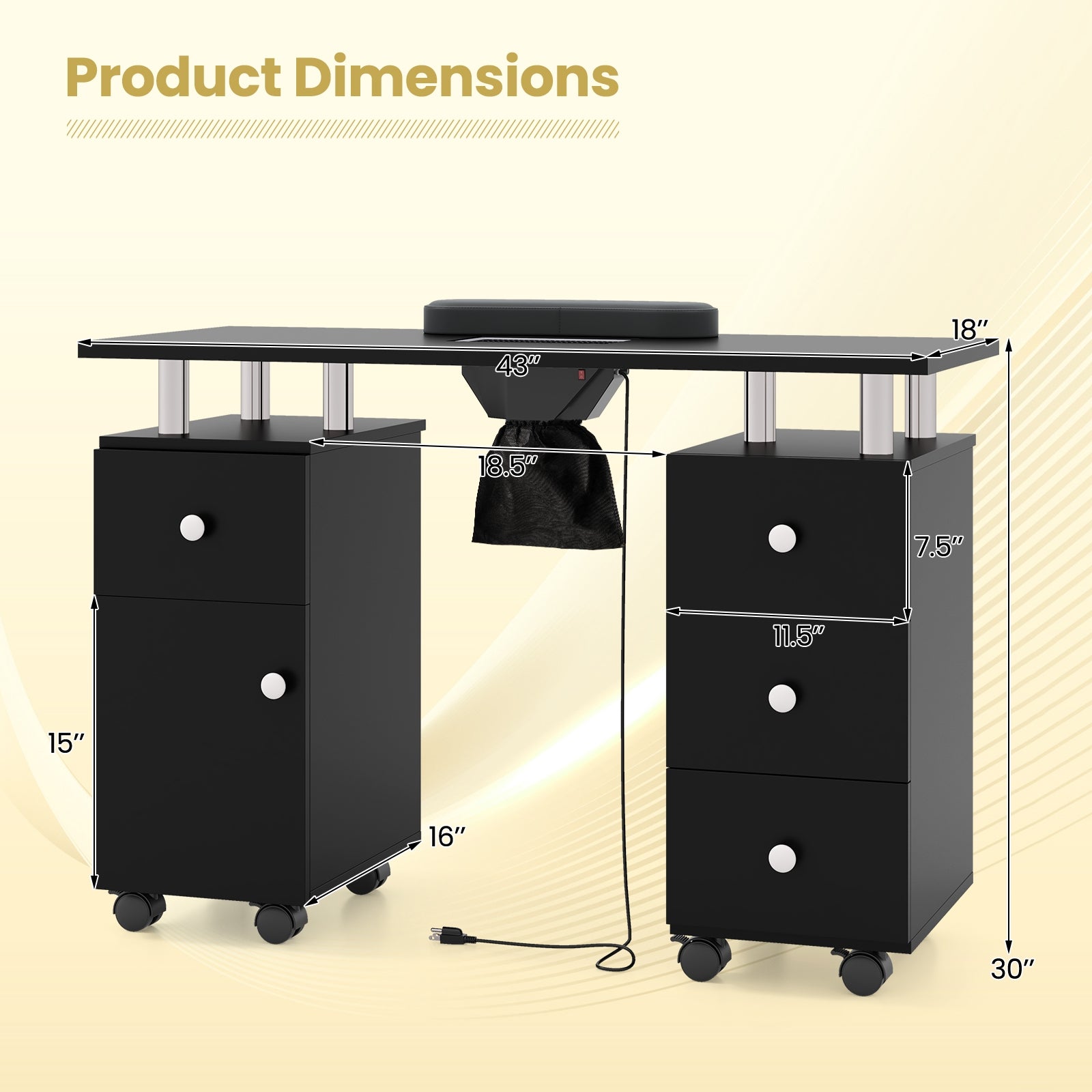 Manicure Table Nail Desk with Electric Dust Collector and 3 Dust Bags, Black Massage at Gallery Canada