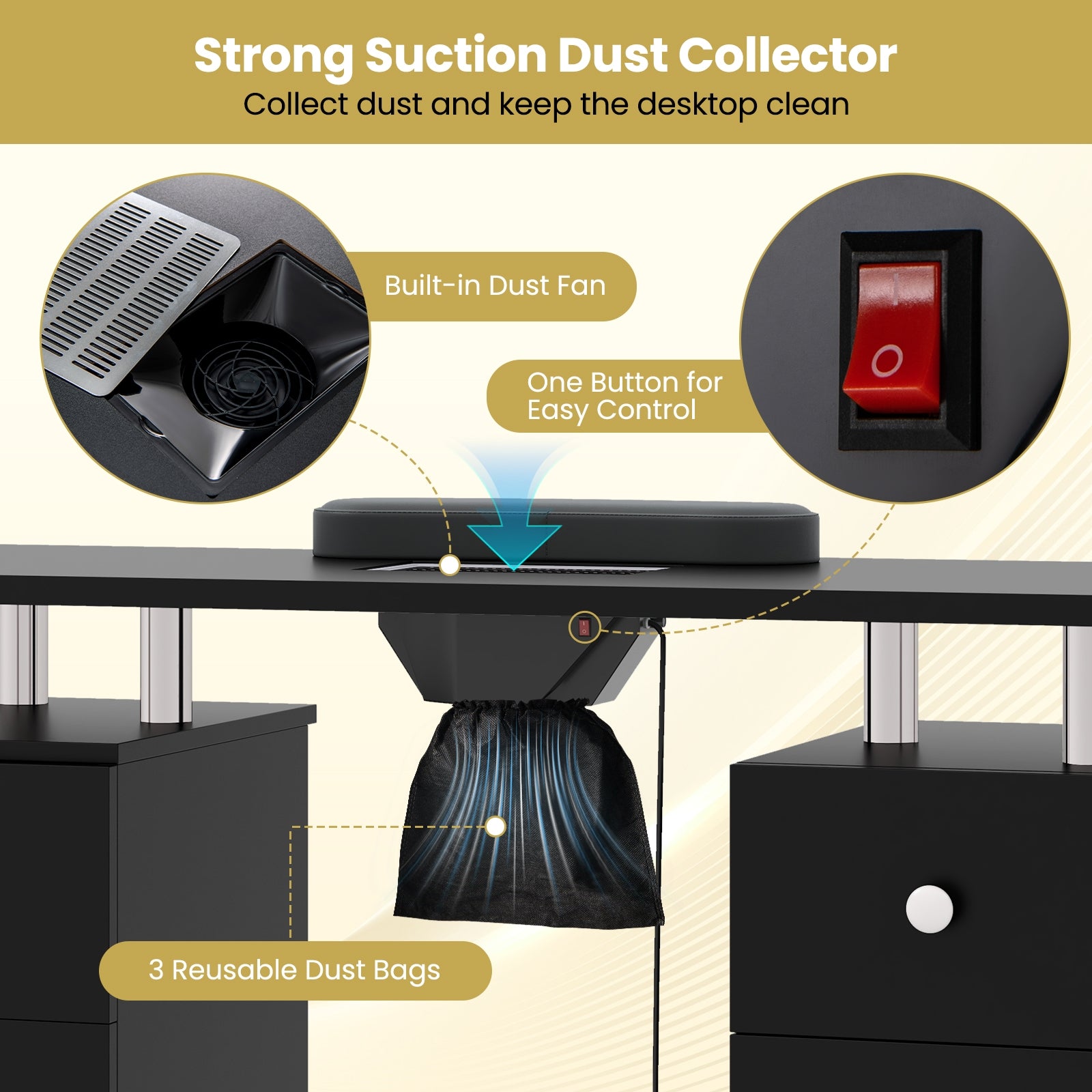 Manicure Table Nail Desk with Electric Dust Collector and 3 Dust Bags, Black Massage at Gallery Canada
