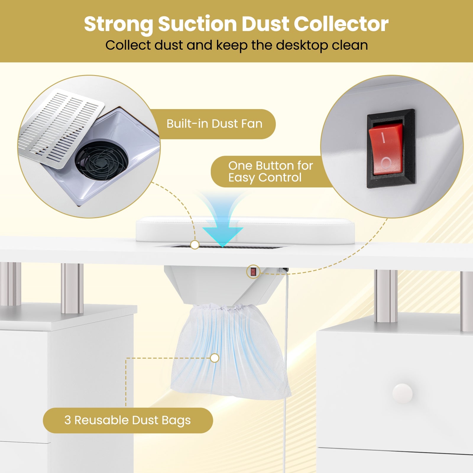Manicure Table Nail Desk with Electric Dust Collector and 3 Dust Bags, White Massage at Gallery Canada