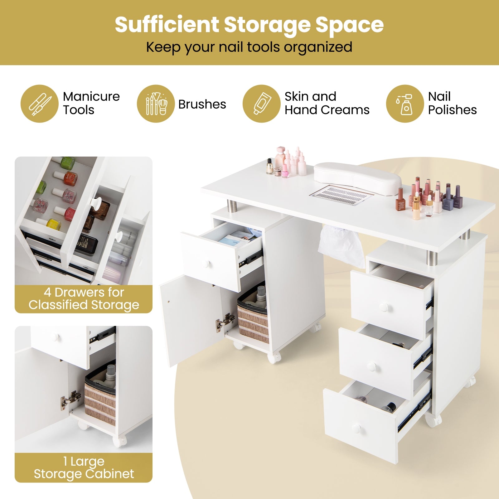 Manicure Table Nail Desk with Electric Dust Collector and 3 Dust Bags, White Massage at Gallery Canada