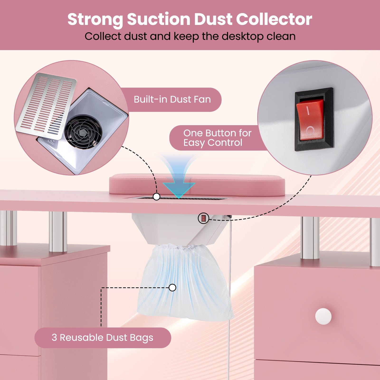 Manicure Table Nail Desk with Electric Dust Collector and 3 Dust Bags, Pink Massage at Gallery Canada