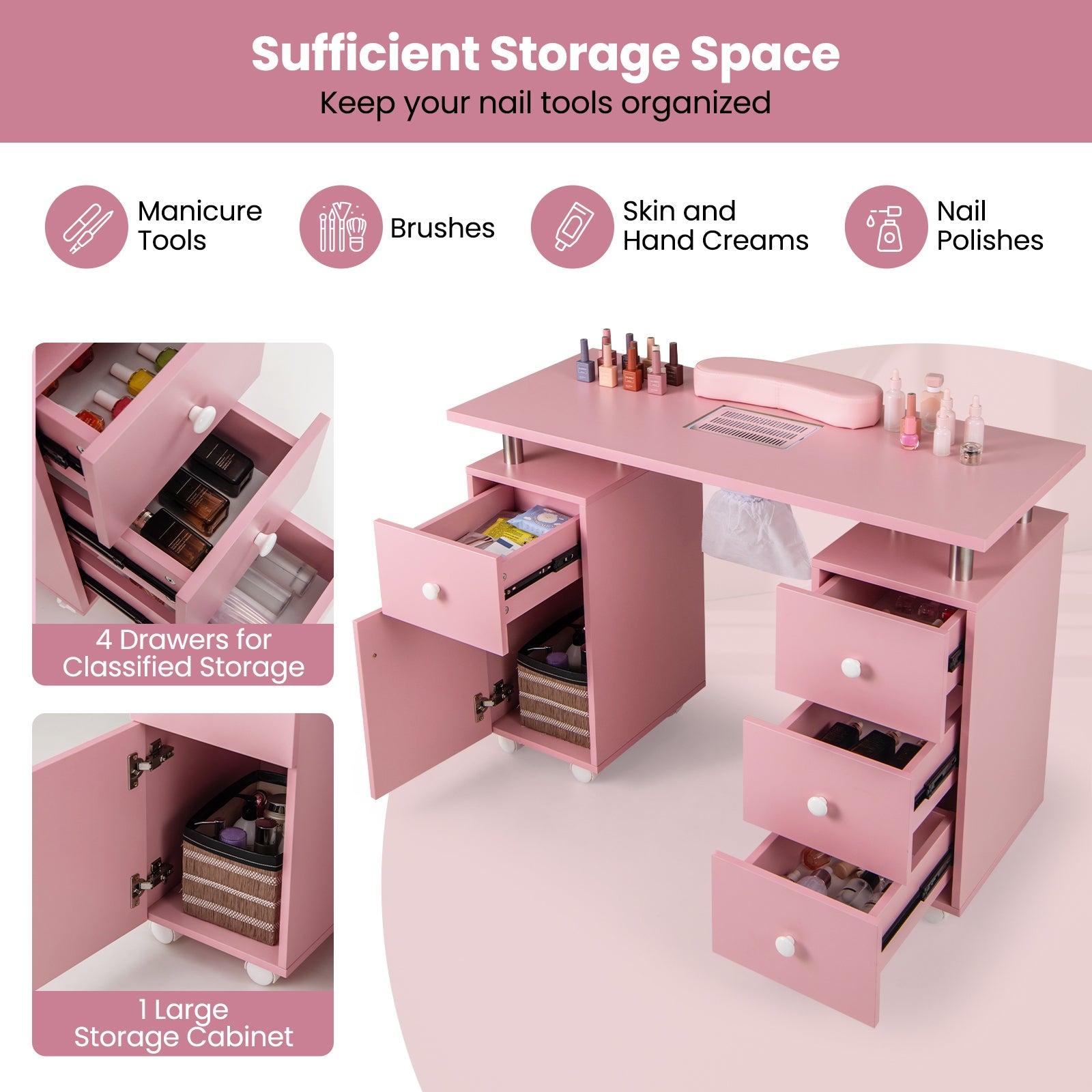 Manicure Table Nail Desk with Electric Dust Collector and 3 Dust Bags, Pink Massage at Gallery Canada