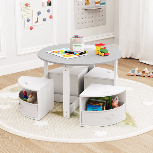 5 Piece Toddler Round Nesting Table with 4 Storage Stools for Activity-Grey, Gray