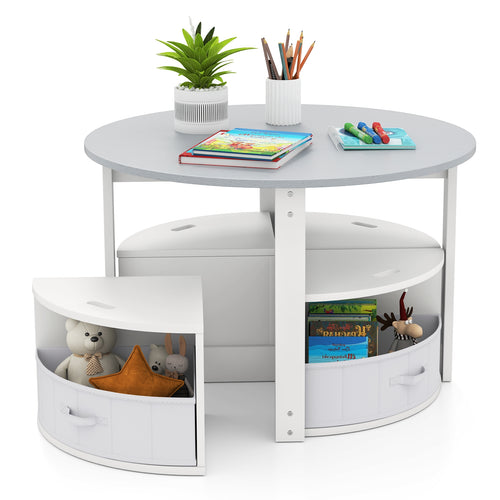 5 Piece Toddler Round Nesting Table with 4 Storage Stools for Activity-Grey, Gray