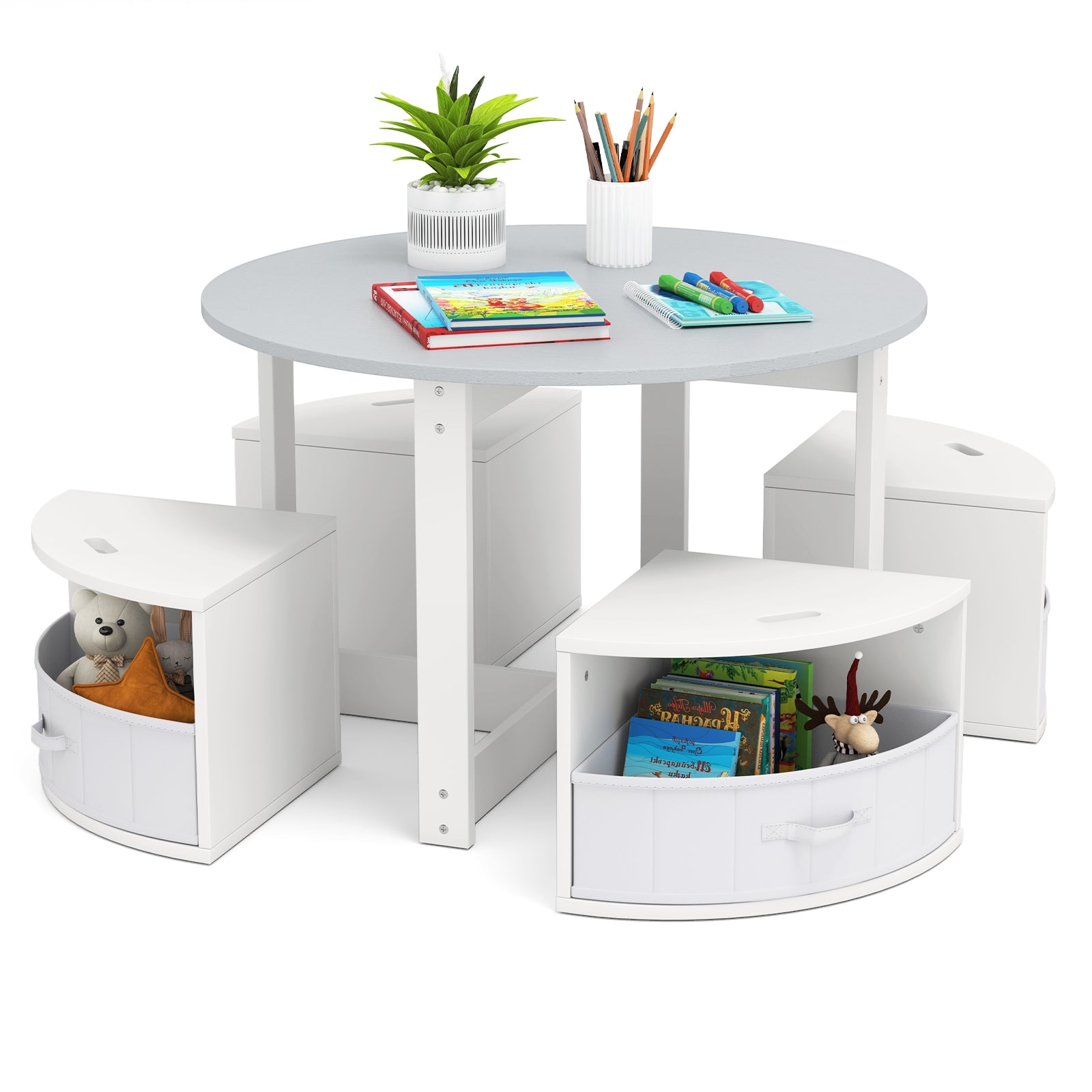 5 Piece Toddler Round Nesting Table with 4 Storage Stools for Activity-Grey, Gray Kids Table & Chair Sets at Gallery Canada
