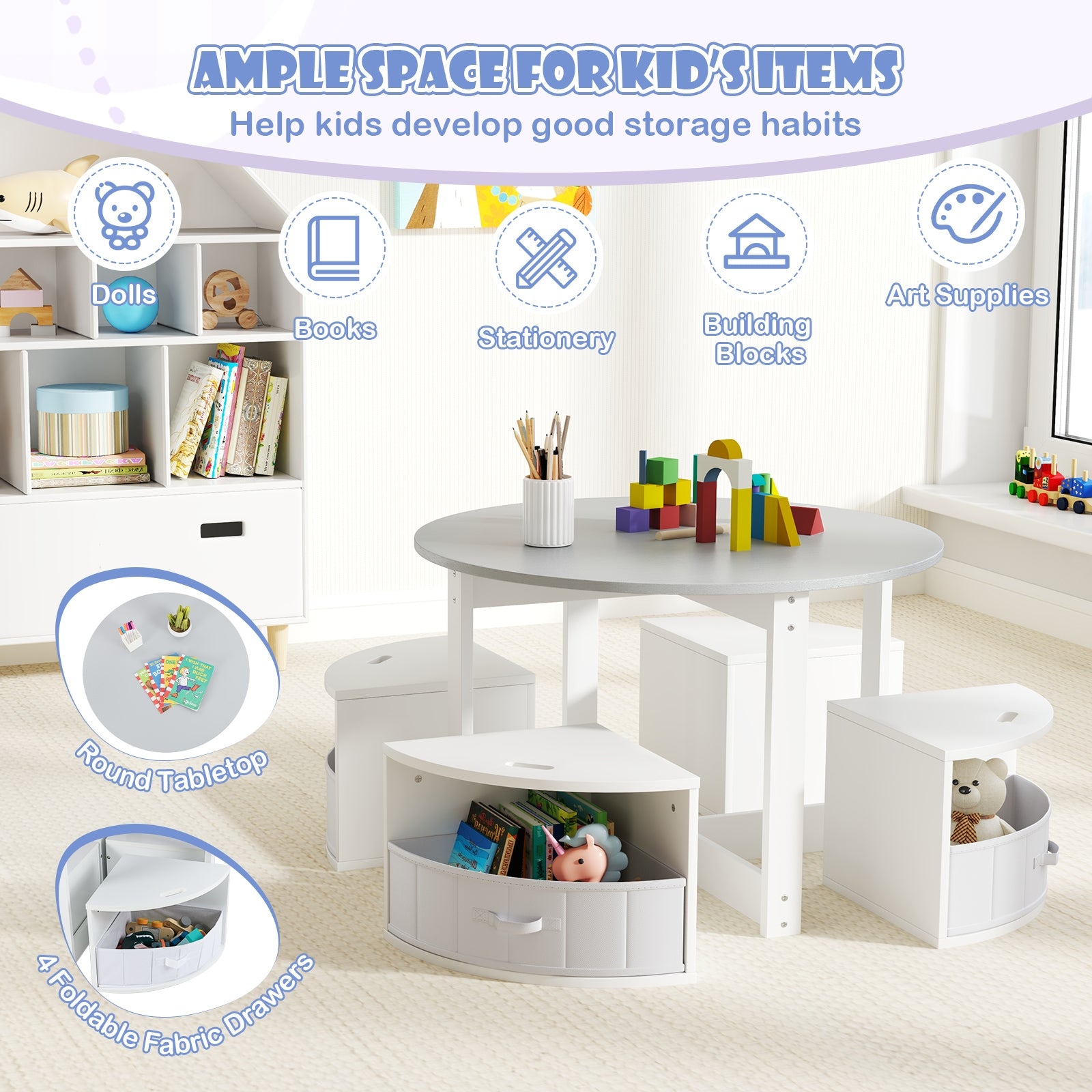 5 Piece Toddler Round Nesting Table with 4 Storage Stools for Activity-Grey, Gray Kids Table & Chair Sets at Gallery Canada