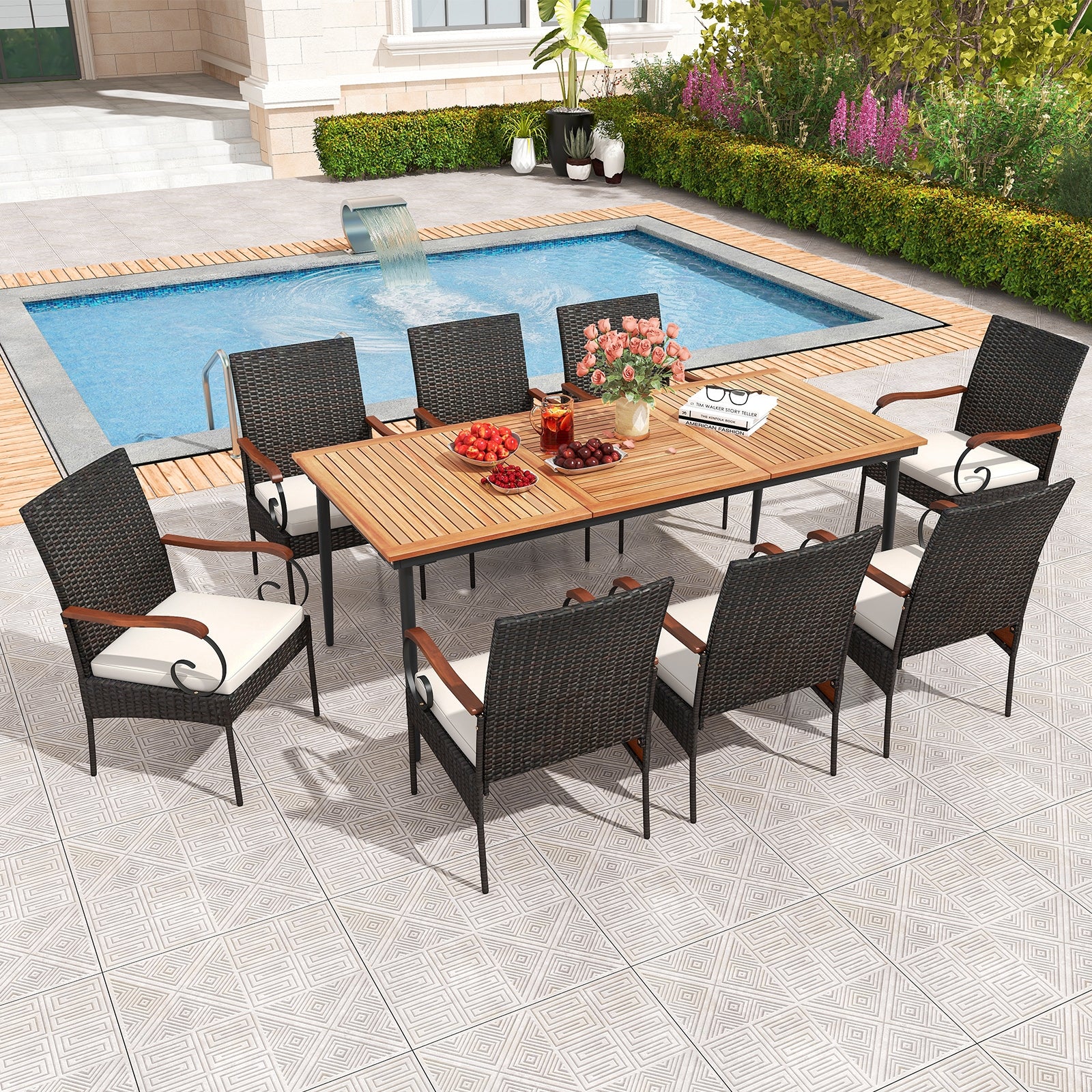 79 Inch Outdoor Dining Table and 8 Rattan-woven Dining Chairs with Acacia Wood Tabletop, Natural Patio Dining Sets   at Gallery Canada