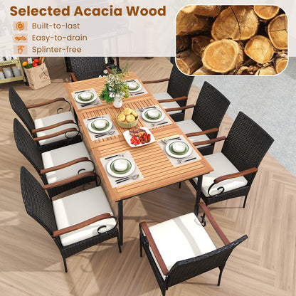 79 Inch Outdoor Dining Table and 8 Rattan-woven Dining Chairs with Acacia Wood Tabletop, Natural Patio Dining Sets   at Gallery Canada