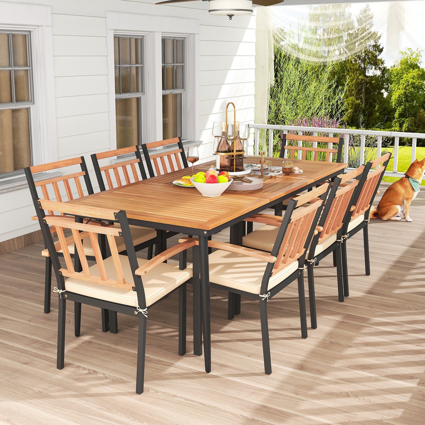 9-Piece Patio Dining Set with 8 Wooden Armchairs, Natural Patio Dining Sets   at Gallery Canada