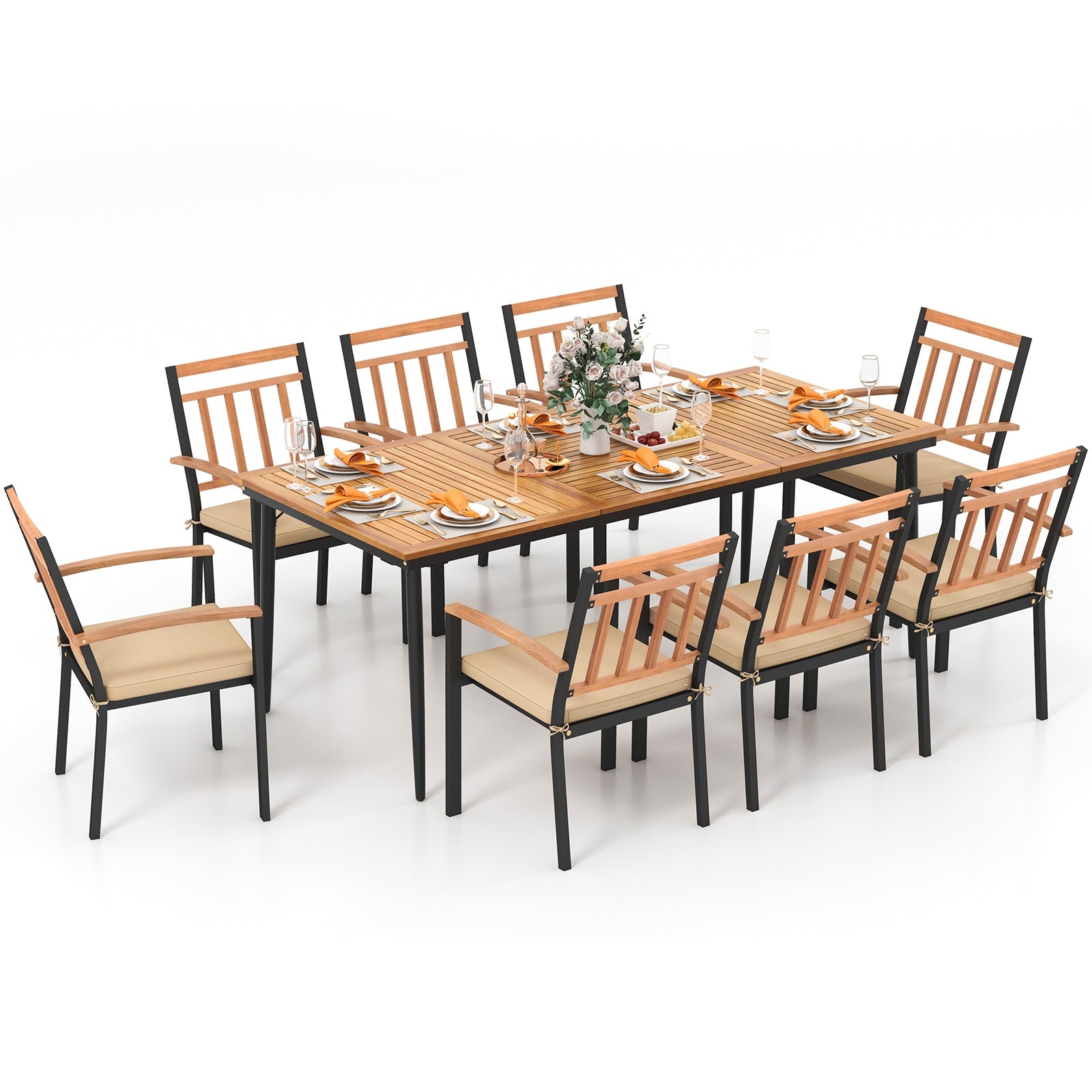 9-Piece Patio Dining Set with 8 Wooden Armchairs, Natural Patio Dining Sets   at Gallery Canada