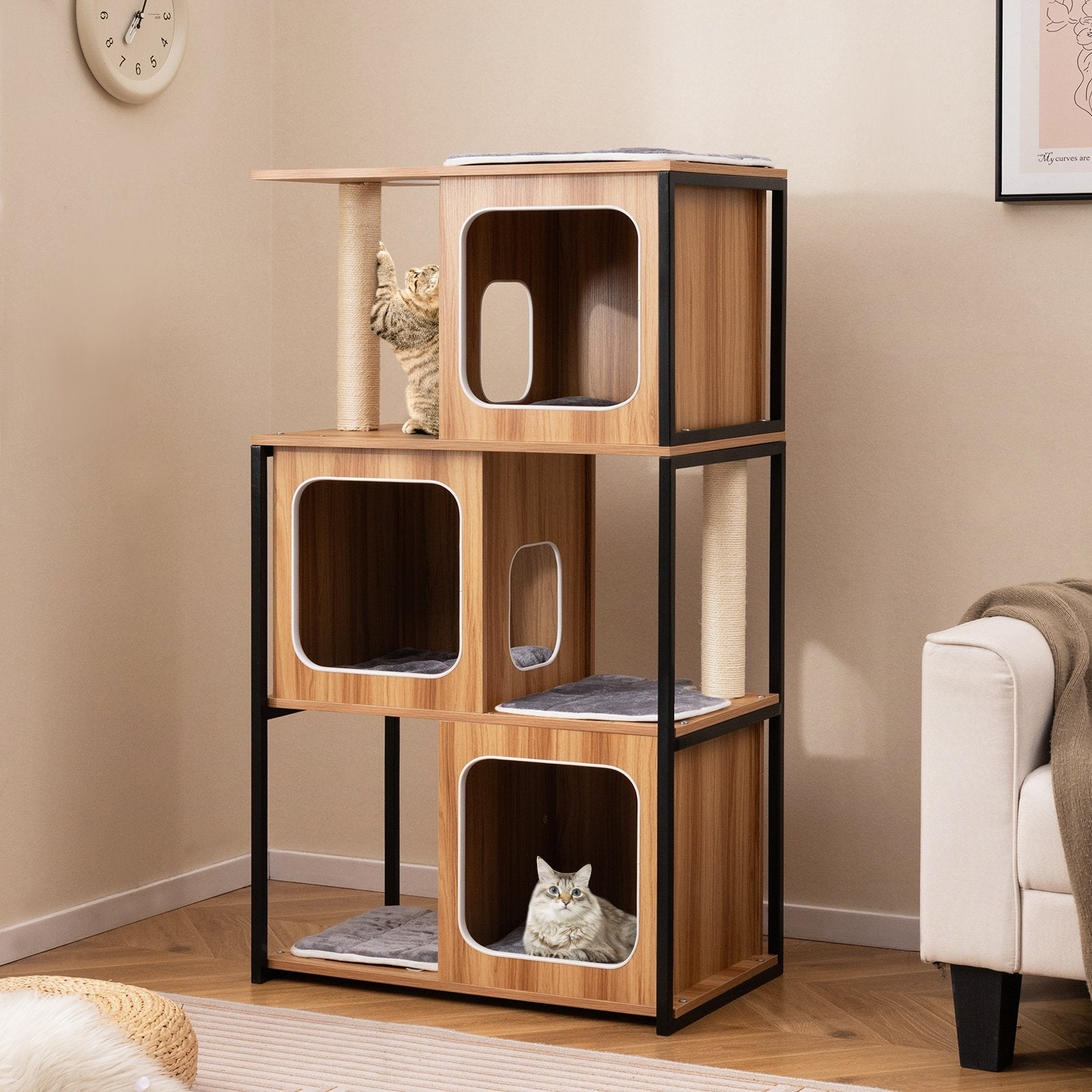 Modern Cat Tree Cat House with Metal Frame and Scratching Posts, Natural Cat Trees Condos & Scratchers at Gallery Canada