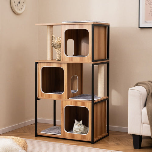 Modern Cat Tree Cat House with Metal Frame and Scratching Posts, Natural