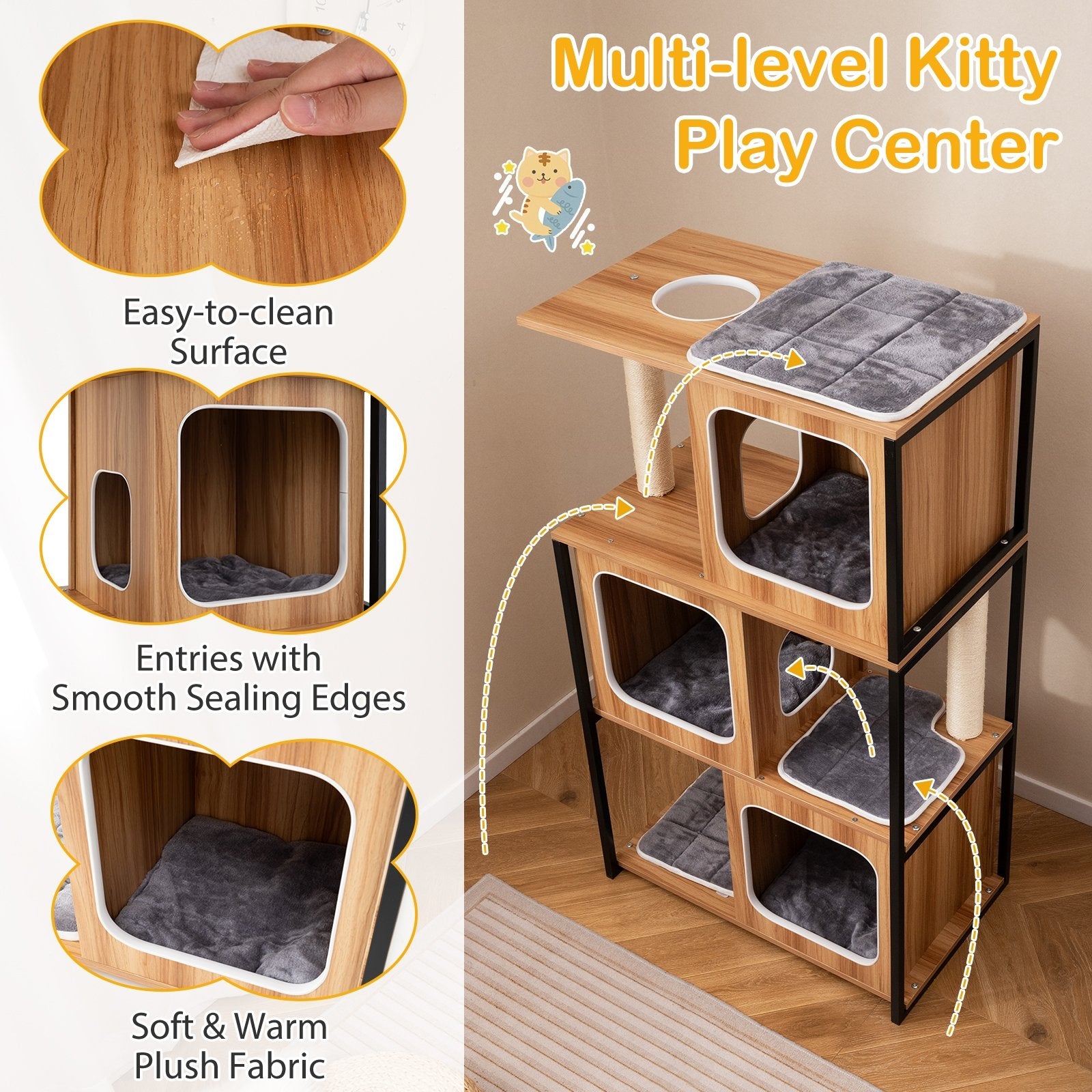 Modern Cat Tree Cat House with Metal Frame and Scratching Posts, Natural Cat Trees Condos & Scratchers at Gallery Canada