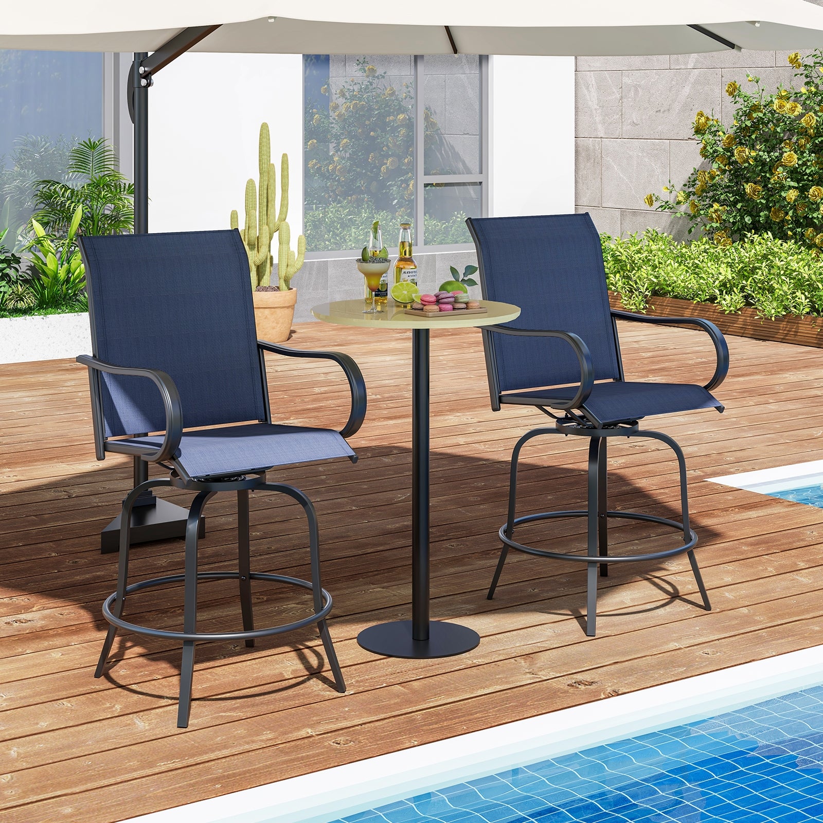 2 Pieces 360 Rotating Bar Stool Set with Armrests for Patio, Navy Patio Bar Furniture   at Gallery Canada