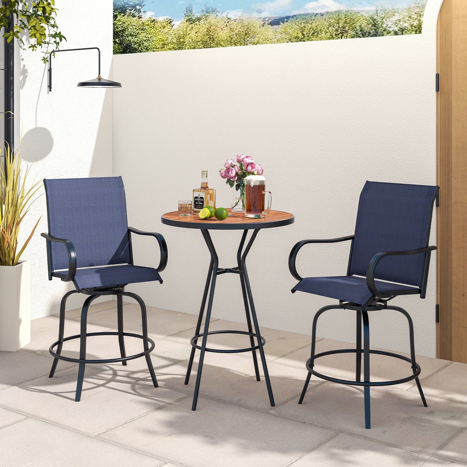 2 Pieces 360 Rotating Bar Stool Set with Armrests for Patio, Navy Patio Bar Furniture   at Gallery Canada