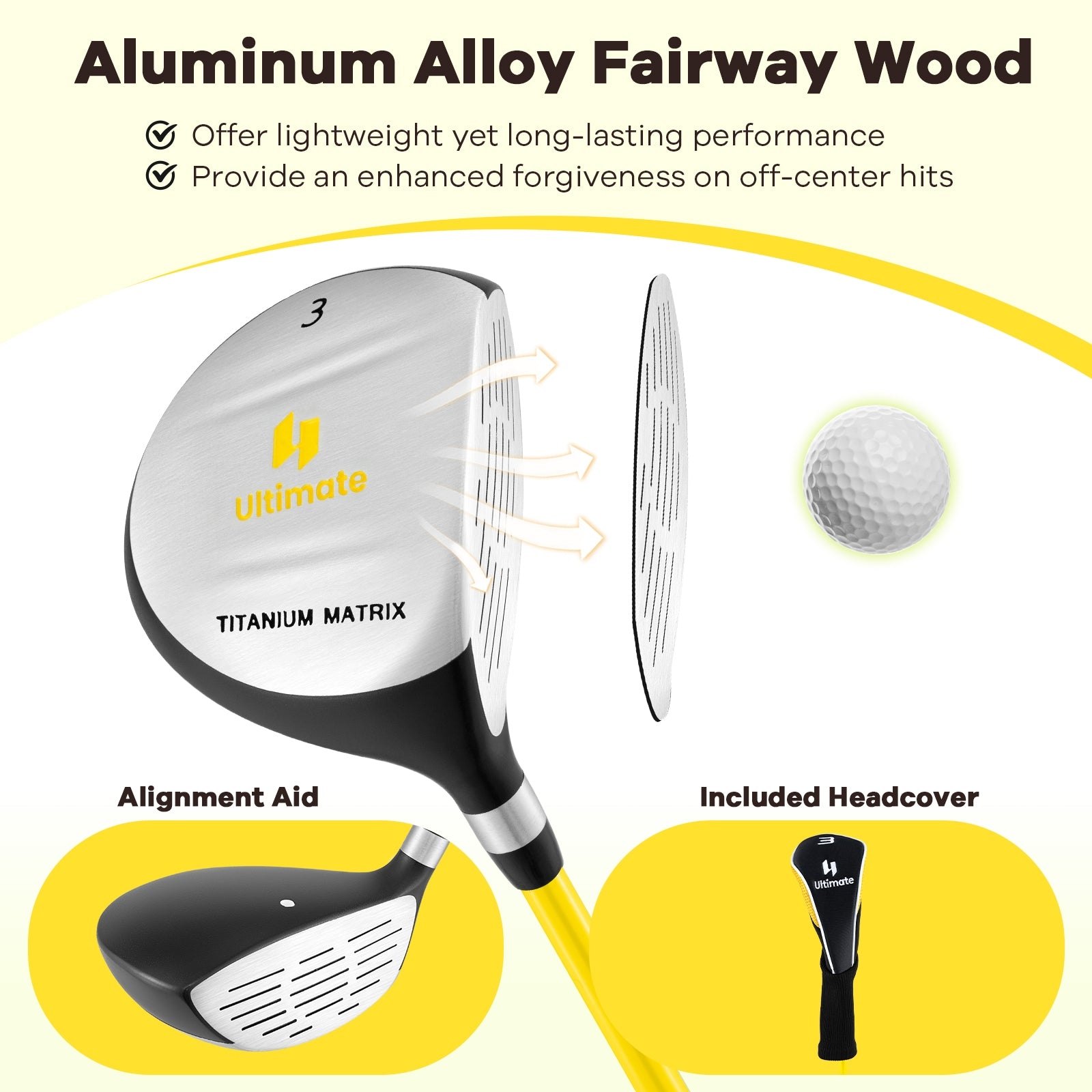 34 Inch 165CC Junior #3 Fairway Wood Golf Club with Fiberglass Shaft for Kids Ages 8-10, Yellow Golf at Gallery Canada