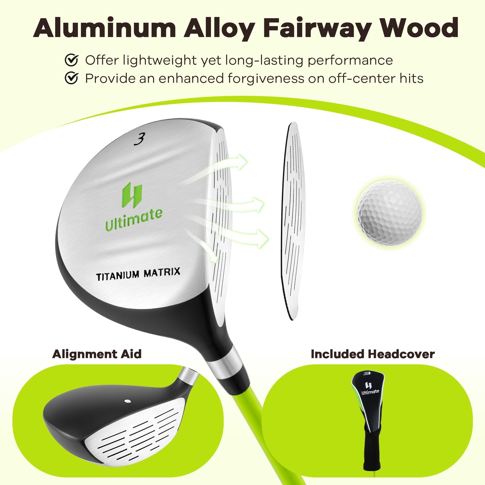 34 Inch 165CC Junior #3 Fairway Wood Golf Club with Fiberglass Shaft for Kids Ages 8-10, Green Golf at Gallery Canada