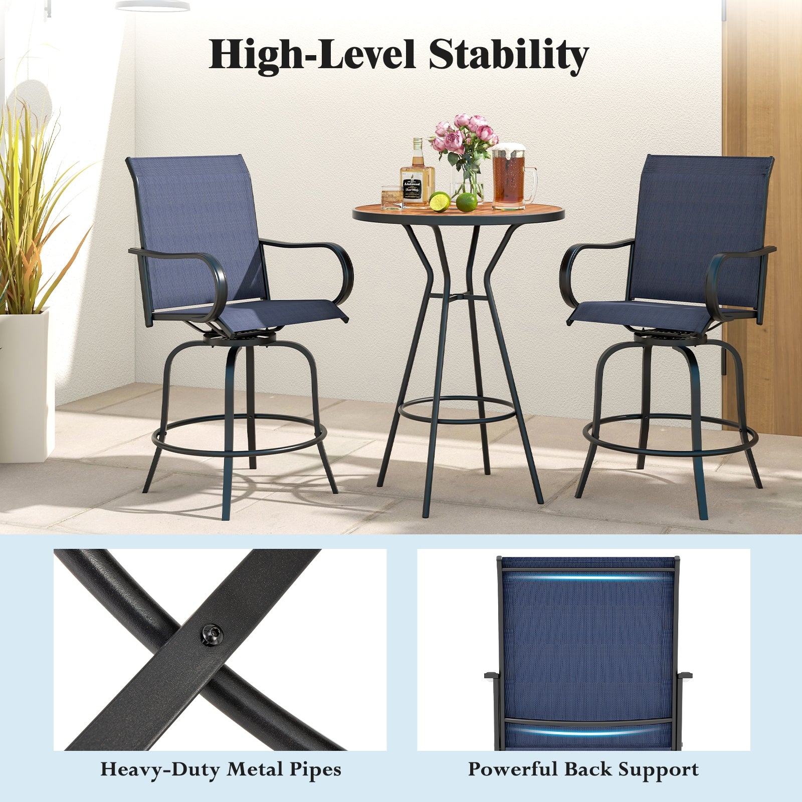 2 Pieces 360 Rotating Bar Stool Set with Armrests for Patio, Navy Patio Bar Furniture   at Gallery Canada