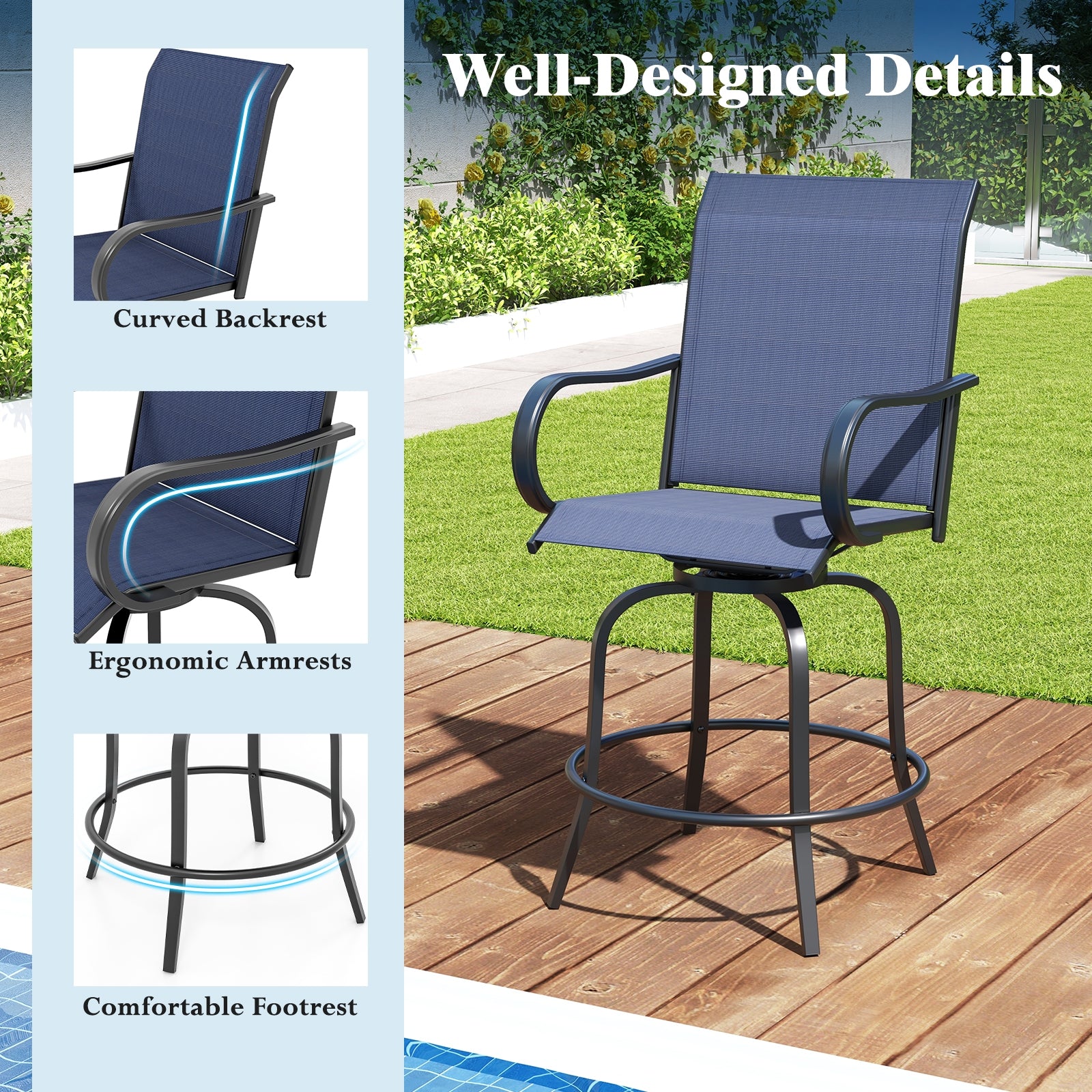 2 Pieces 360 Rotating Bar Stool Set with Armrests for Patio, Navy Patio Bar Furniture   at Gallery Canada