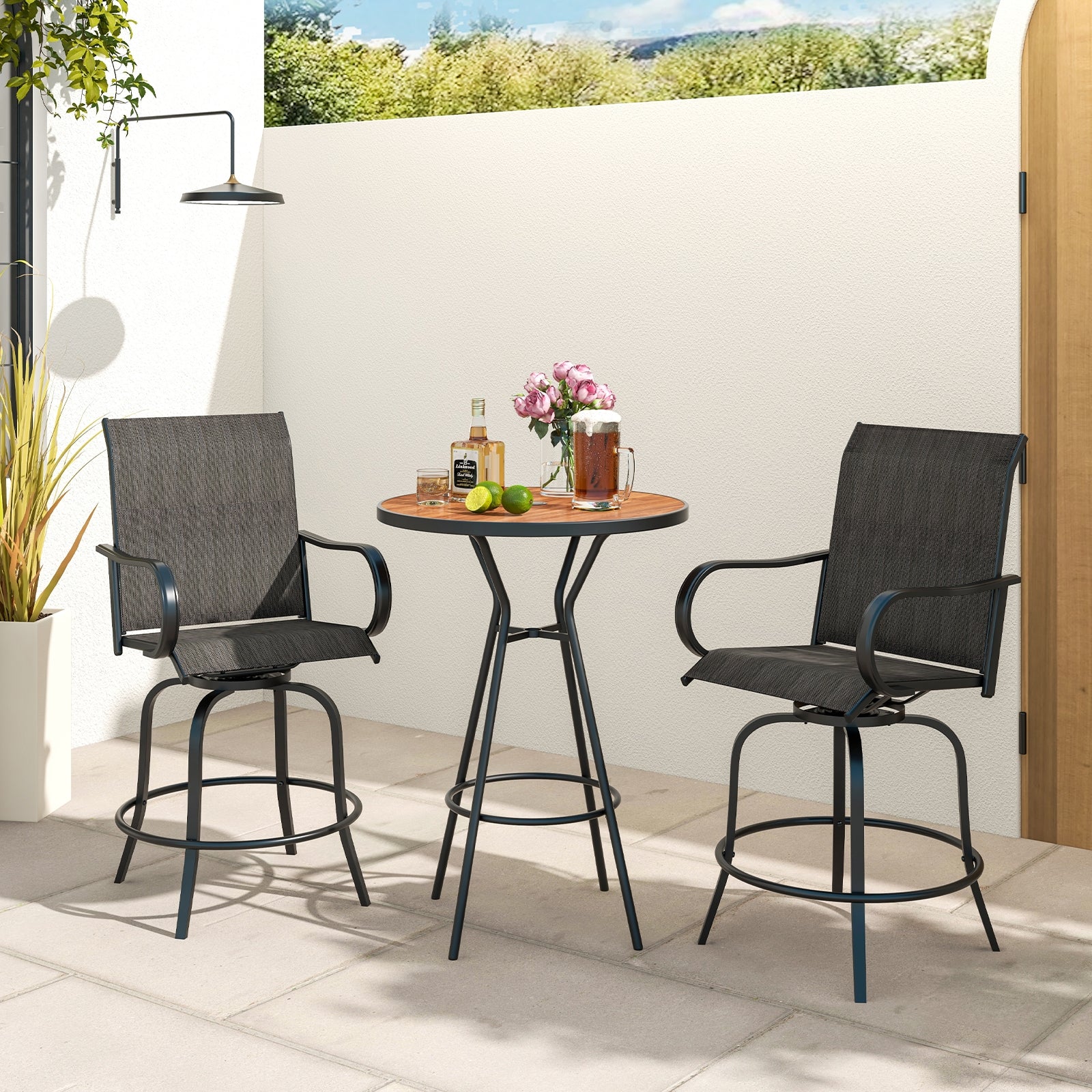 2 Pieces 360 Rotating Bar Stool Set with Armrests for Patio, Black Patio Bar Furniture   at Gallery Canada