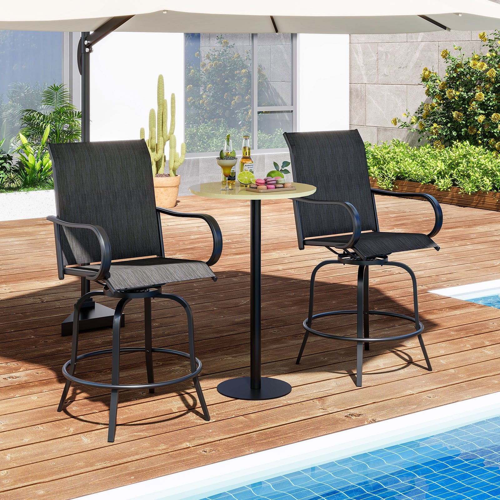 2 Pieces 360 Rotating Bar Stool Set with Armrests for Patio, Black Patio Bar Furniture   at Gallery Canada